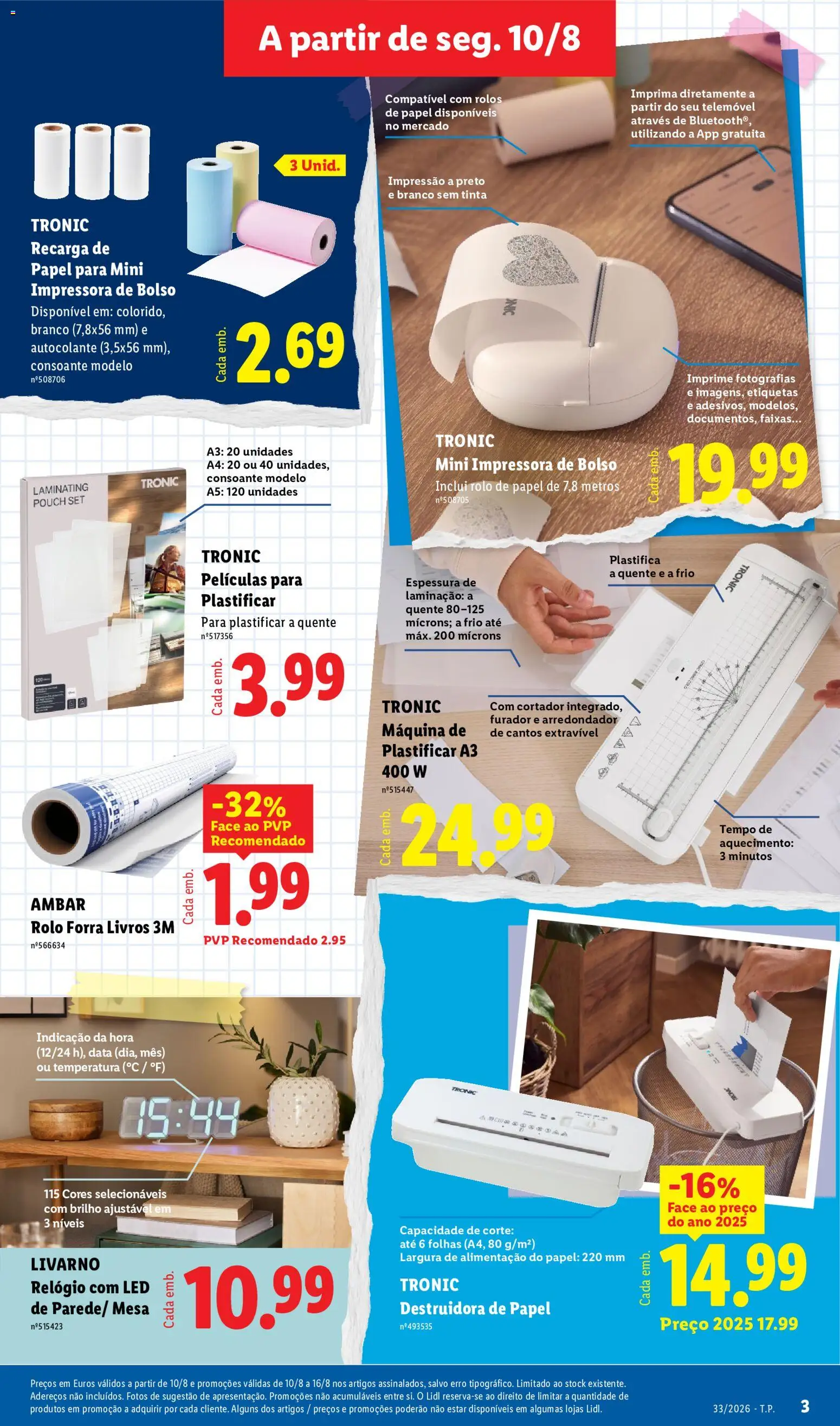 Lidl Novidades │ válido de 10/08/2026 | Página: 3 | Produtos: Relógio, Impressora, Cortador, Tinta