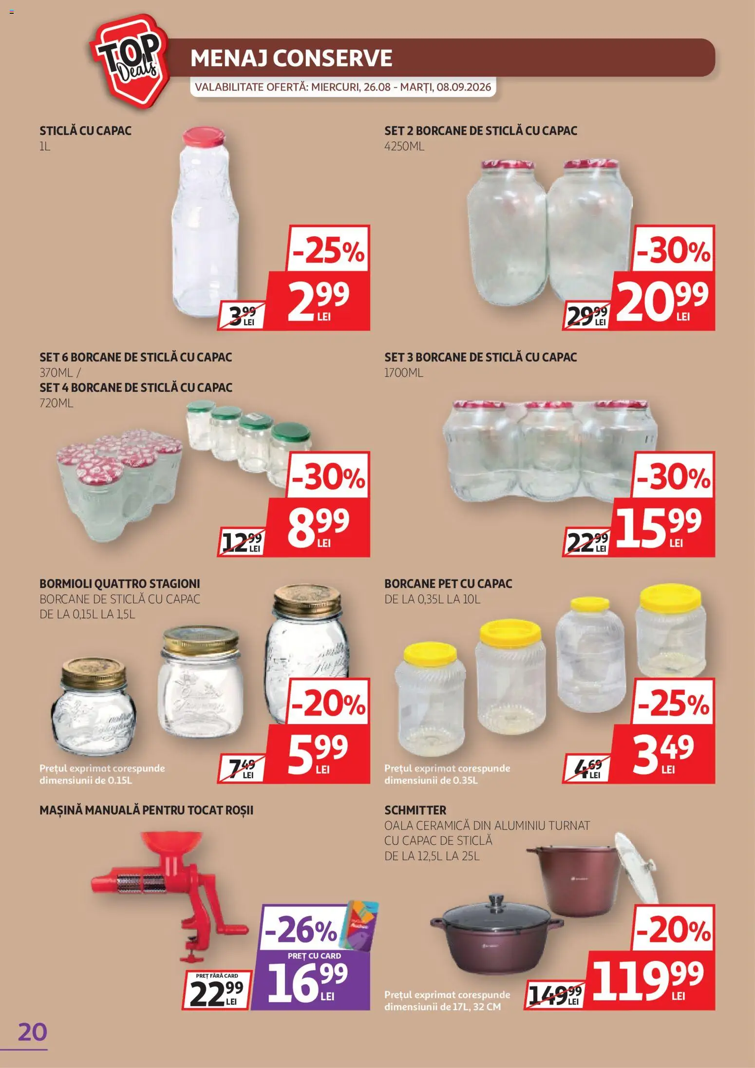Noul catalog Auchan – valabil de la 26.08.2026 | Pagină: 20 | Produse: Oală, Sticla cu capac, Roșii
