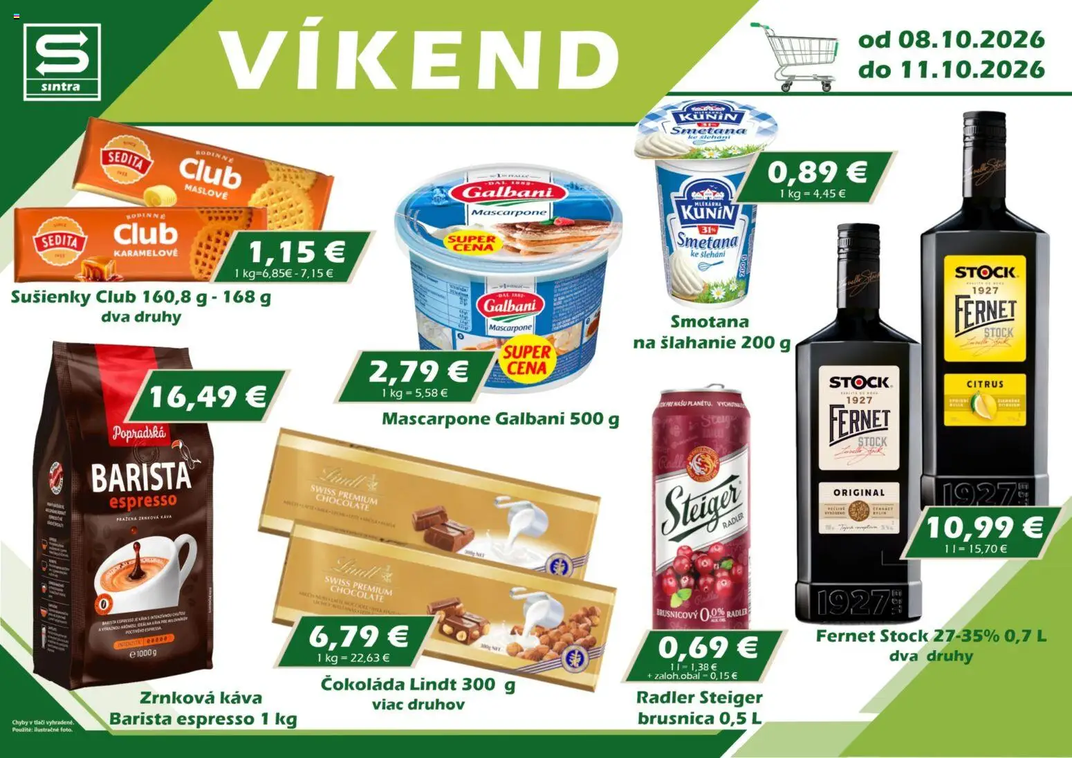 Nové Sintra akcie – leták je platný od 08.10.2026 | Strana: 1 | Produkty: Smotana, Sušienky, Lindt, Čokoláda