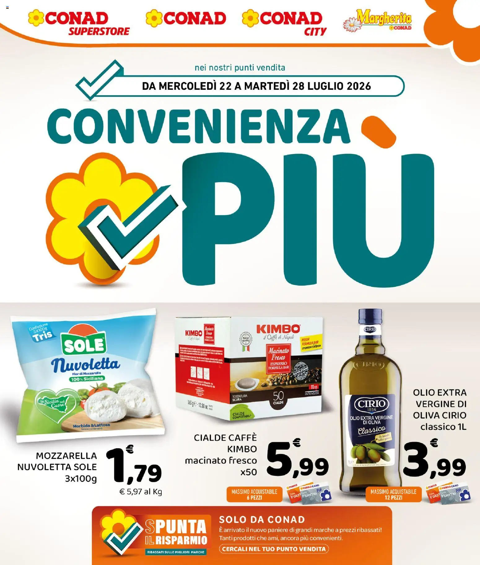 Volantino Conad del 22/07/2026 | Pagina: 1 | Prodotti: Caffè, Mozzarella, Olio extra vergine, Macinato