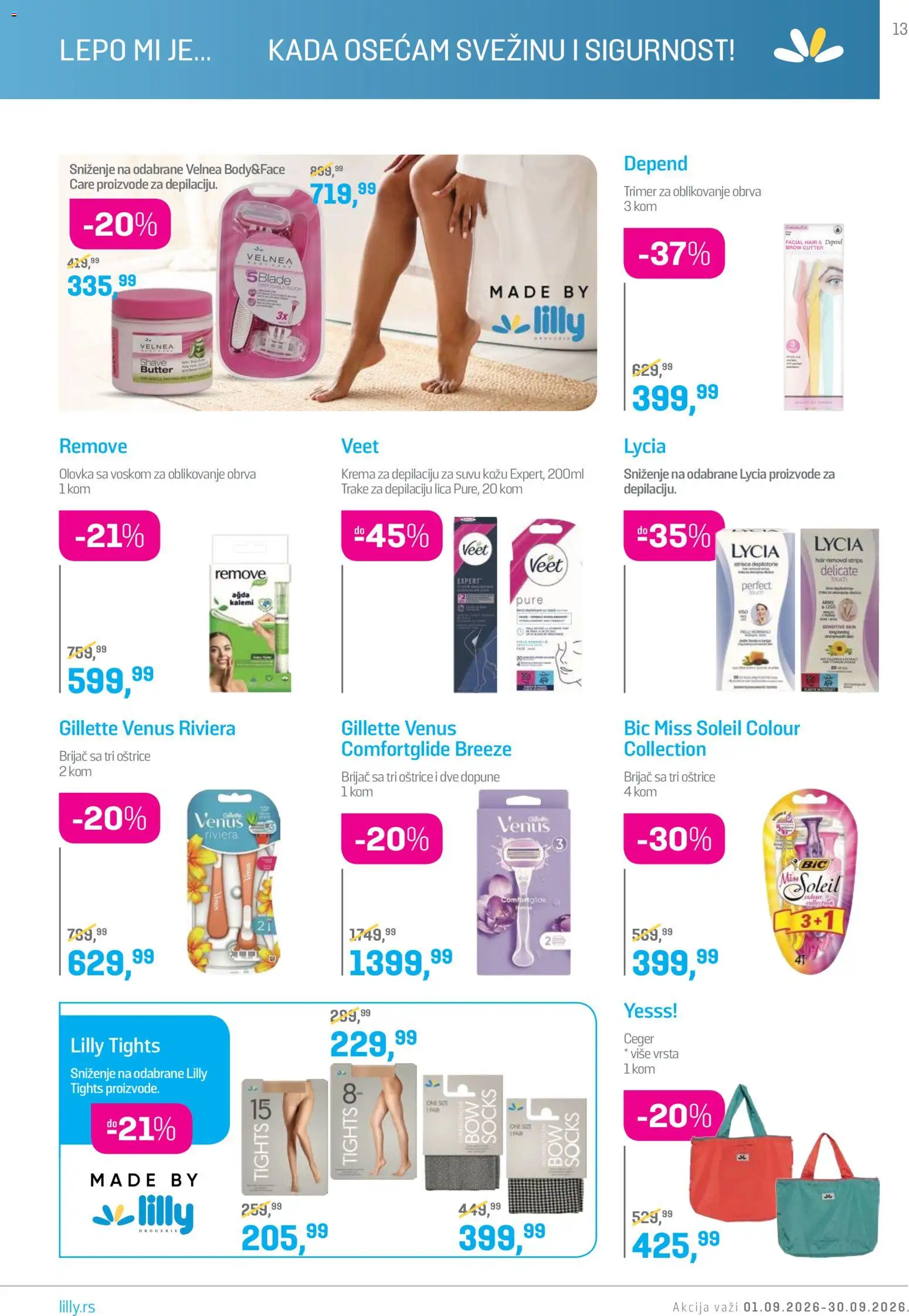 Lilly drogerie katalog - važi od 01.09.2026 | Strana: 13 | Proizvode: Gillette, Brijač, Krema, Krema za depilaciju