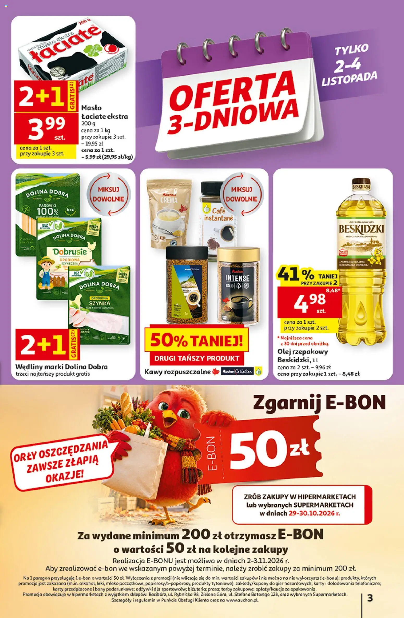 Auchan gazetka - Hipermarket od 29.10.2026 | Strona: 3 | Produkty: Szynka, Mleko, Olej, Wędliny