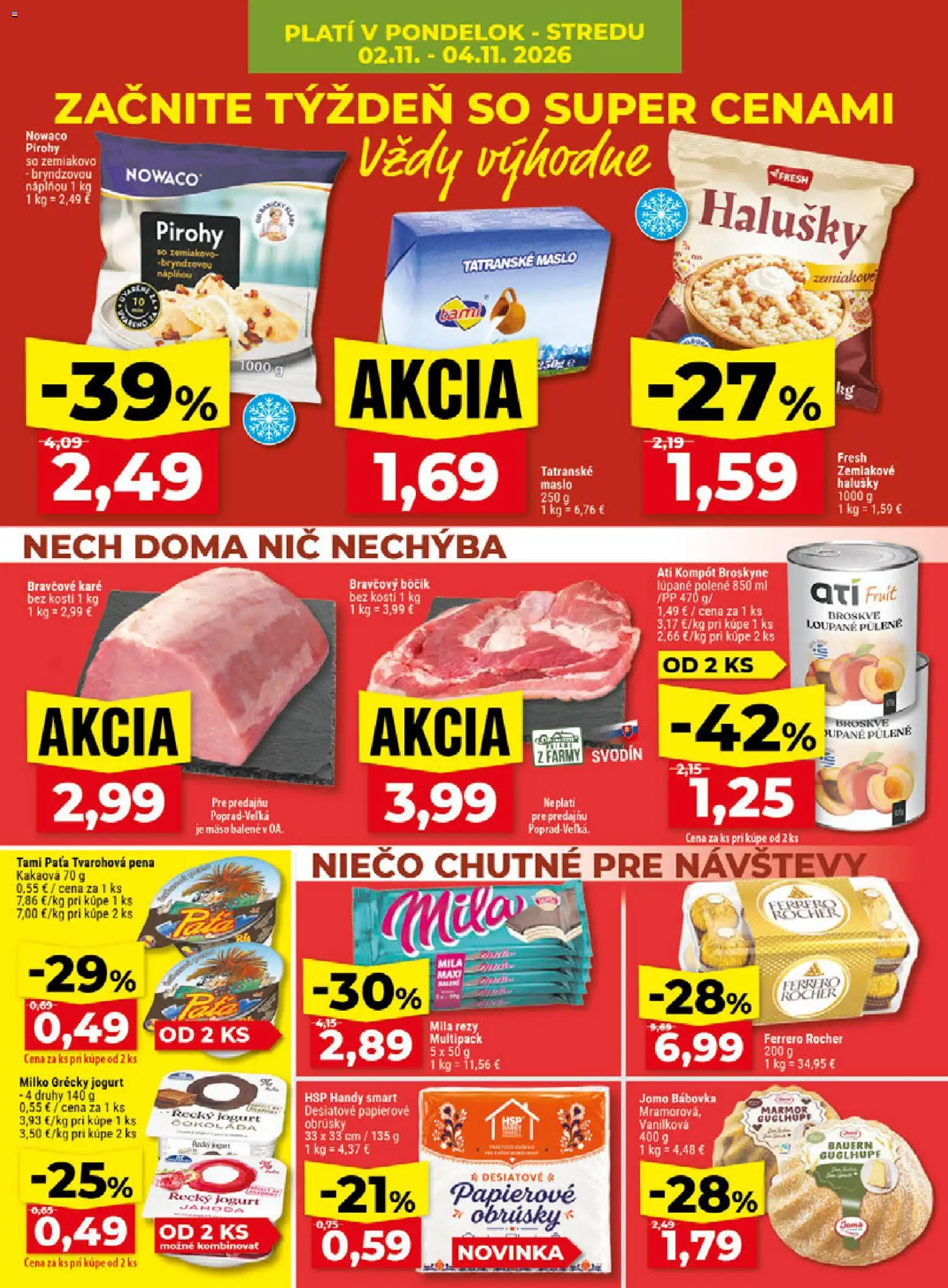 Nové Klas akcie – leták je platný od 02.11.2026 | Strana: 4 | Produkty: Maslo, Bravčový bôčik, Mila, Bravčové karé
