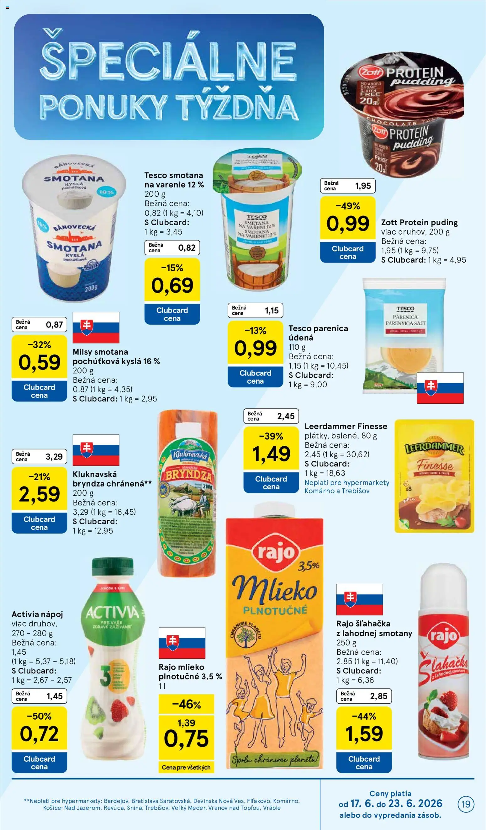 Nové Tesco akcie – leták je platný od 17.06.2026 | Strana: 19 | Produkty: Smotana, Protein, Bryndza, Šľahačka