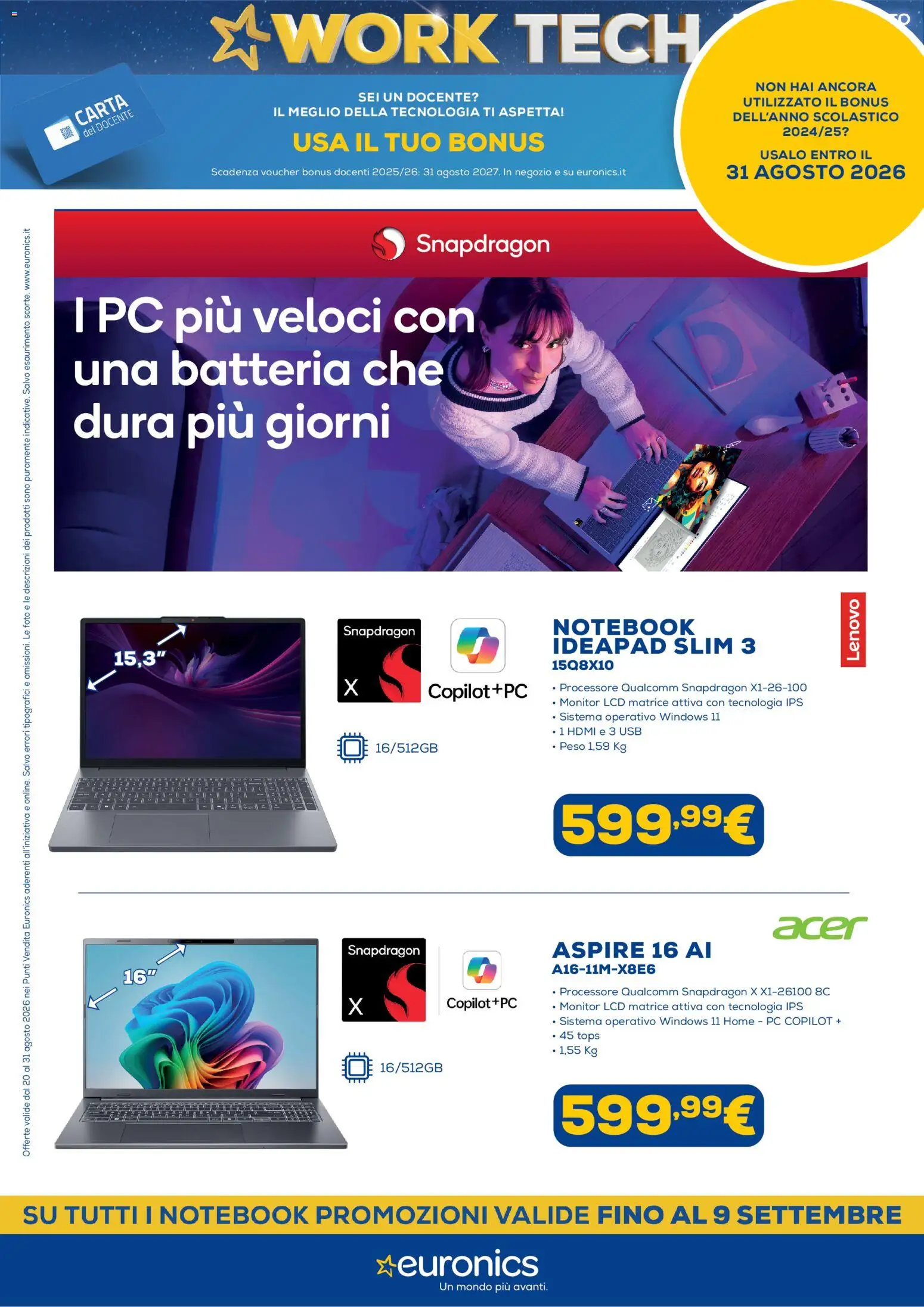 Volantino Euronics del 20/08/2026 | Pagina: 9 | Prodotti: Monitor, PC, USB, Batteria