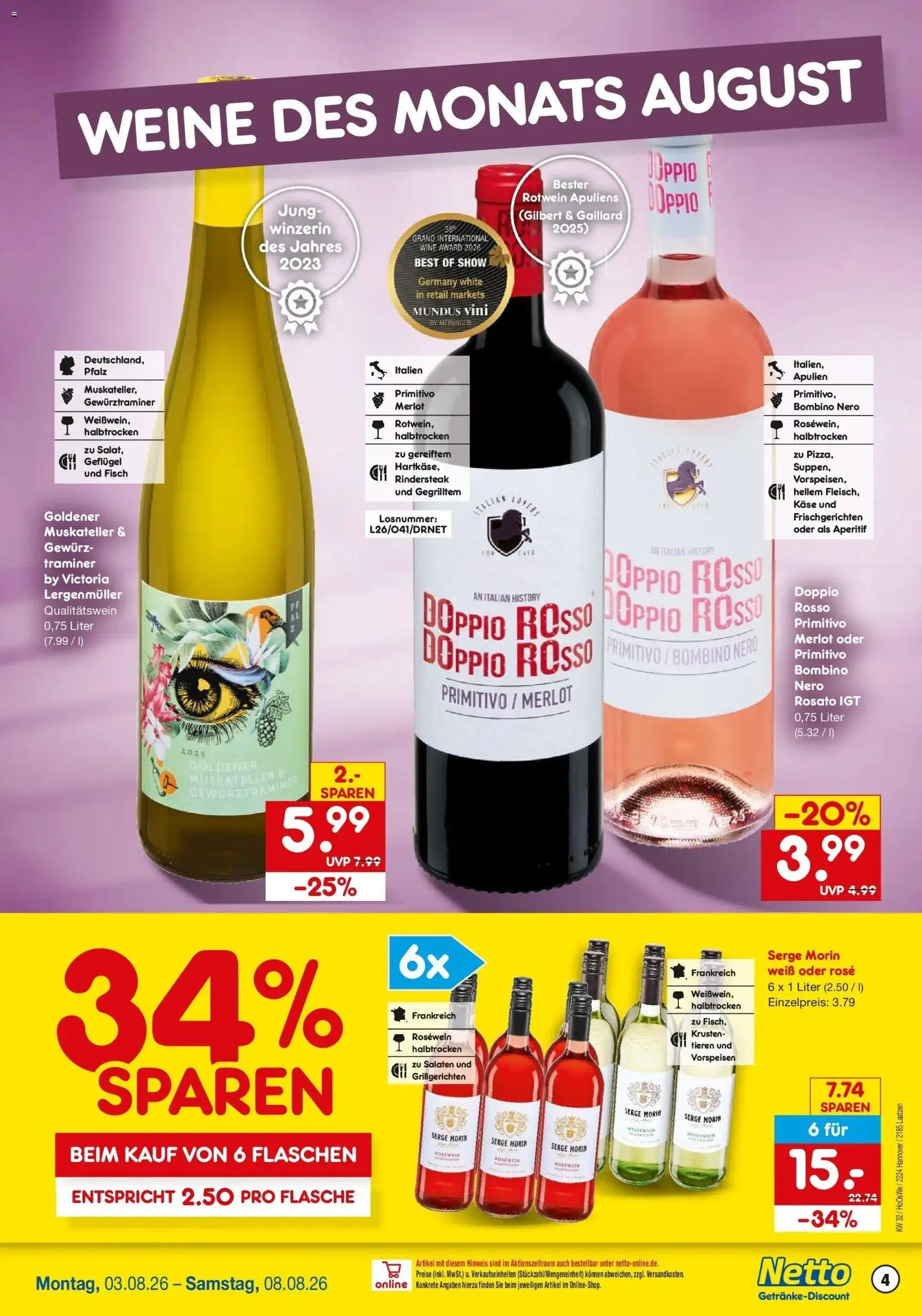 Netto Marken-Discount Prospekt Laatzen – gültig ab 03.08.2026 | Seite: 4 | Produkte: Käse, Weißwein, Rosewein, Fisch