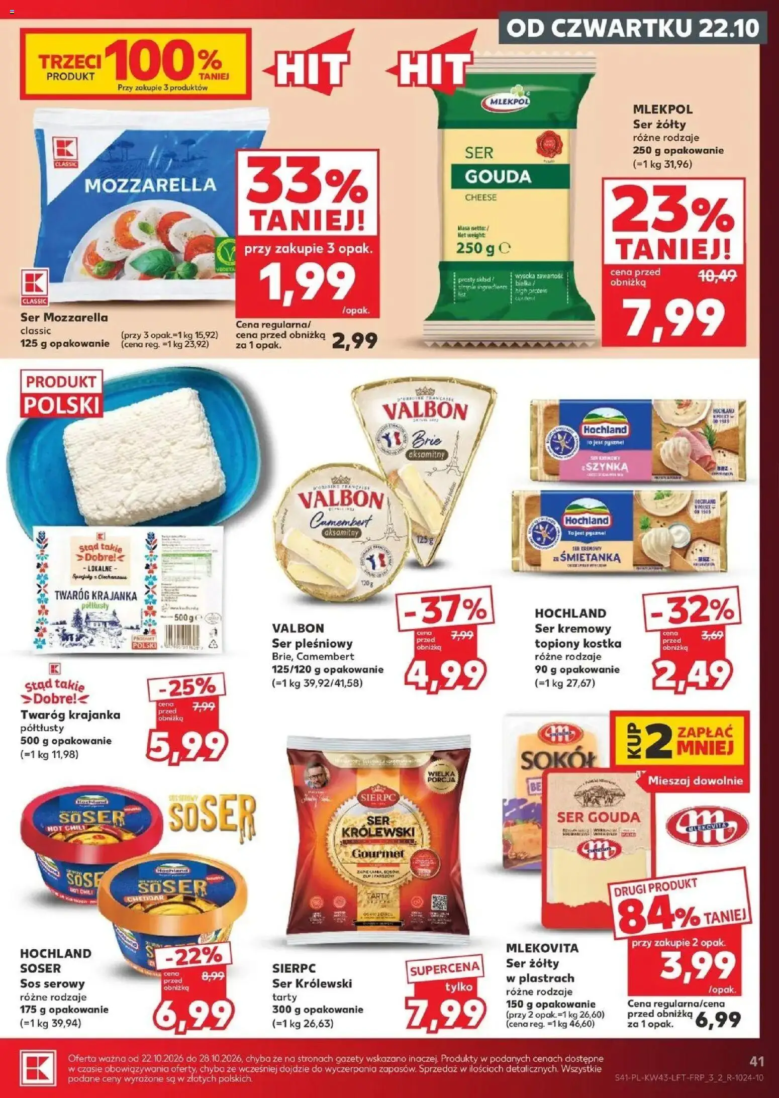 Kaufland aktualna gazetka od 22.10.2026 - od jutra PDF | Strona: 41 | Produkty: Ser żółty, Ser pleśniowy, Ser królewski sierpc, Mozzarella