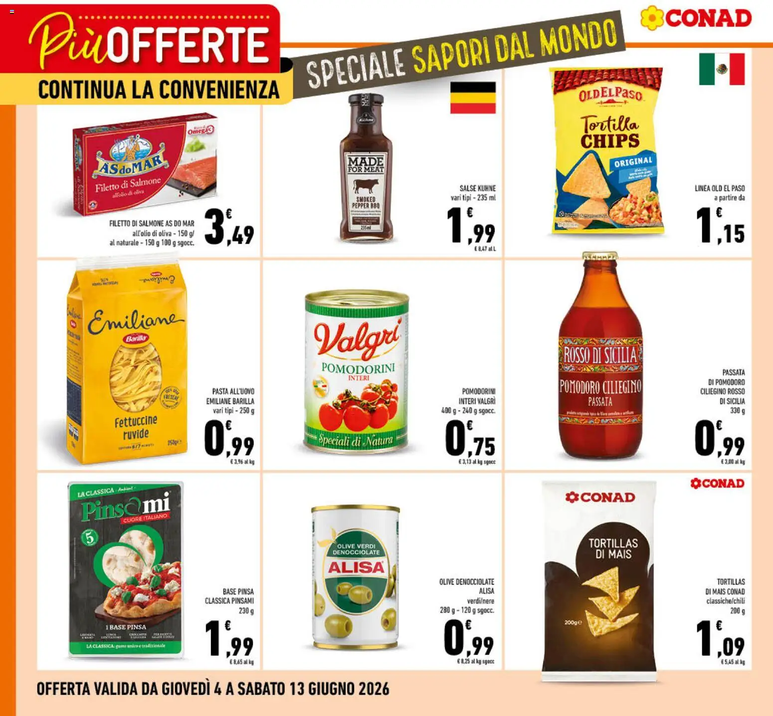 Volantino Conad del 04.06.2026 | Pagina: 1 | Prodotti: Pomodorini, Pizza, Salmone, Mais