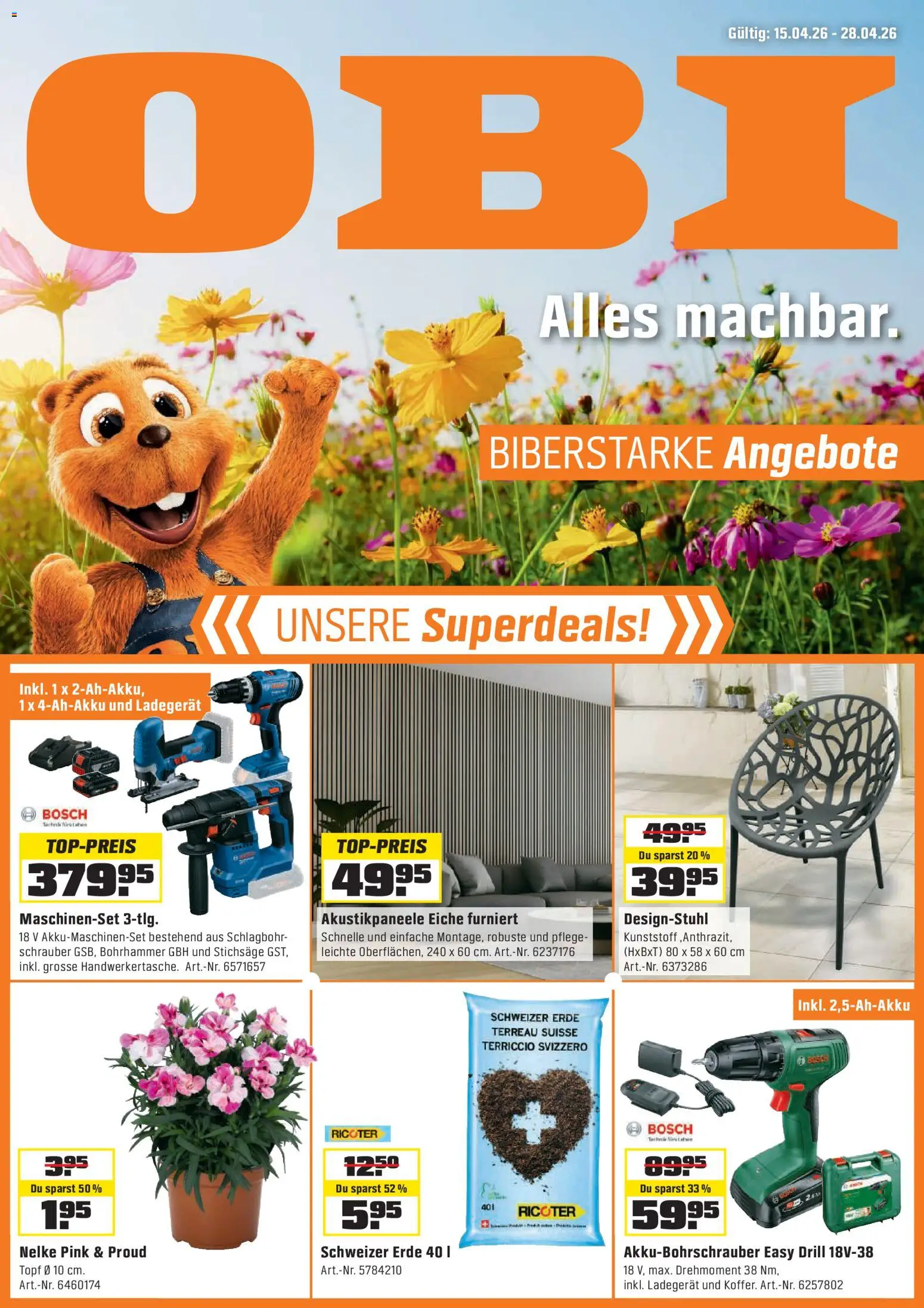 OBI - ALLES MACHBAR. BIBERSTARKE ANGEBOTE. – gültig ab 14.04.2026 | Seite: 1 | Produkte: Ladegerät, Bosch