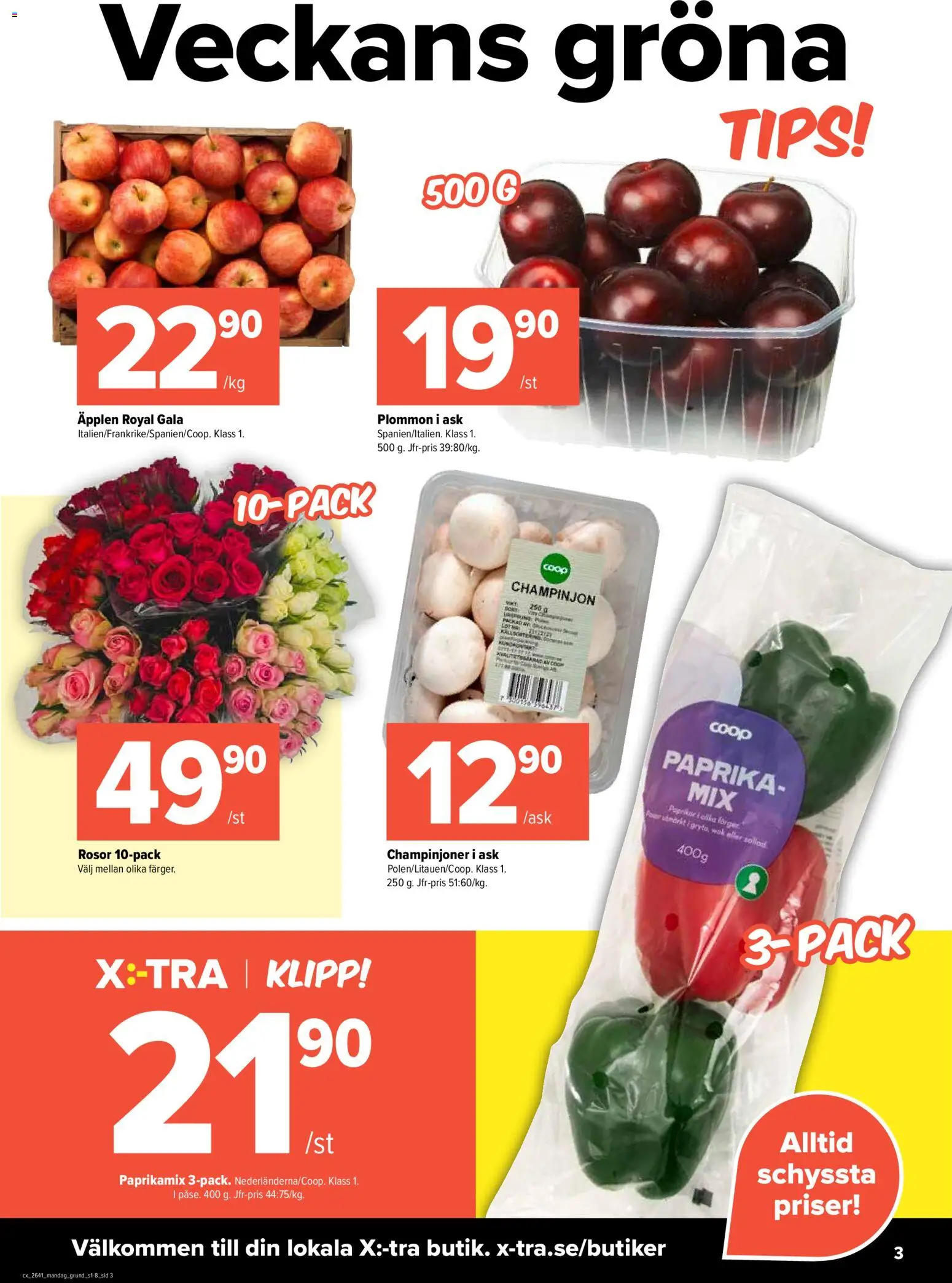 Coop X:-TRA reklamblad aktuell från 05/10/2026 | Sida: 3 | Produkter: Paprika, Plommon, Champinjoner, Äpplen