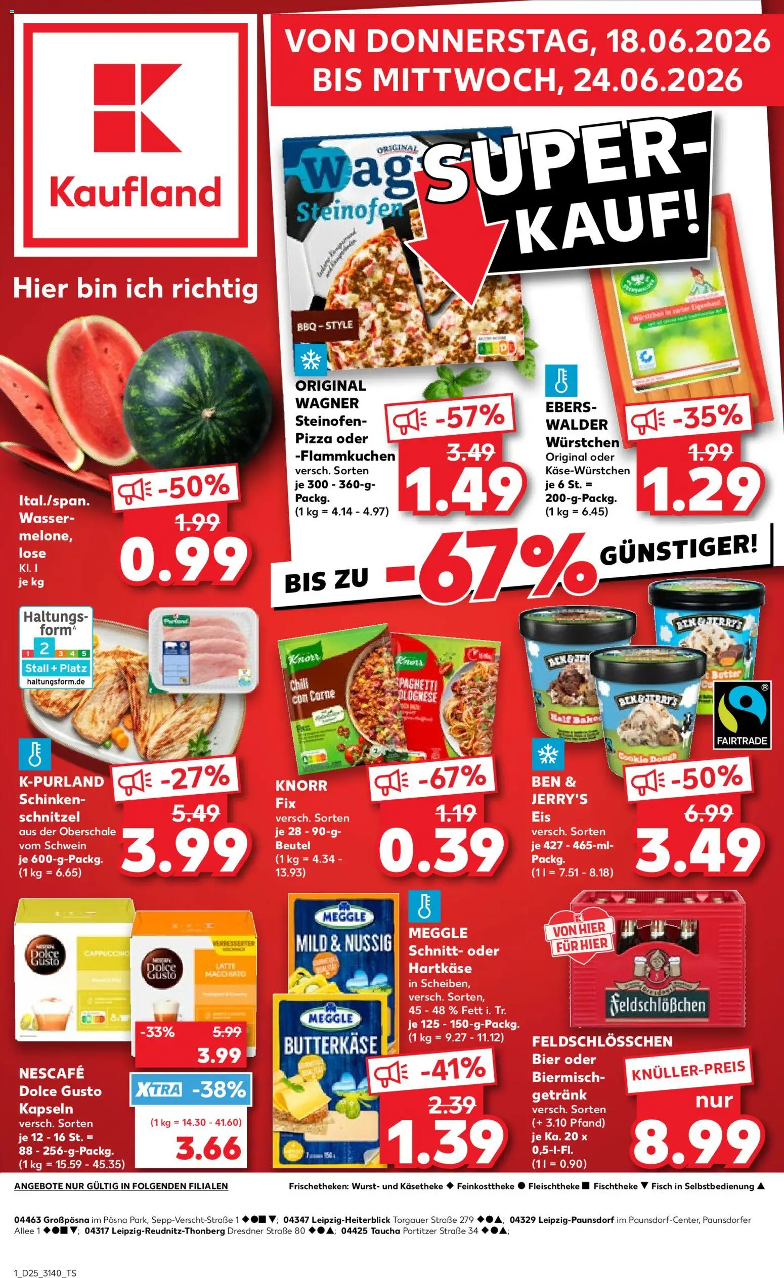Kaufland Německo leták - Leipzig od 18.06.2026 | Strana: 1 | Produkty: Pizza, Knorr, Forma, Nescafé