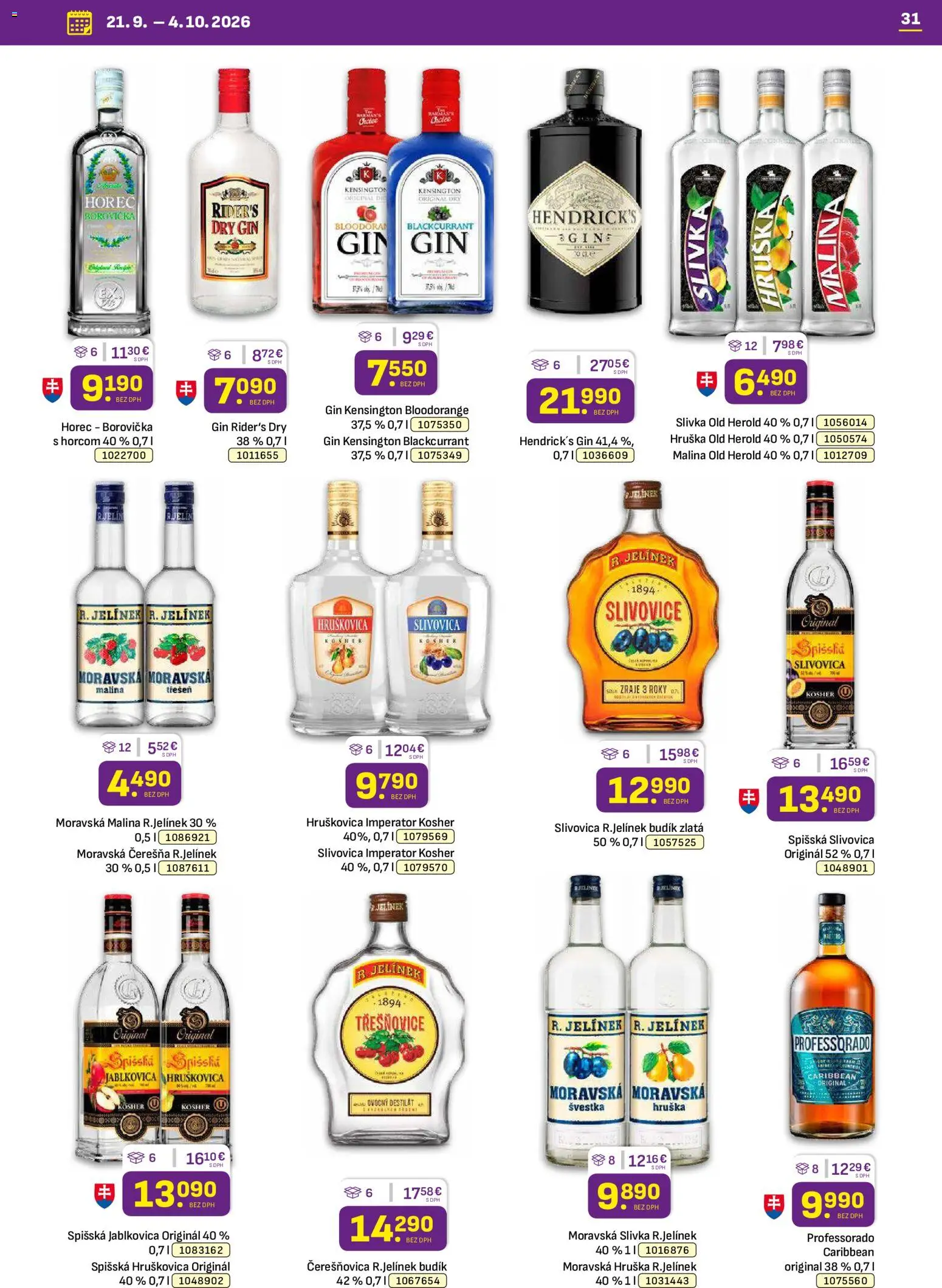 Nové Libex akcie – leták je platný od 21.09.2026 | Strana: 31 | Produkty: Hruškovica, Borovička, Slivovica, Gin
