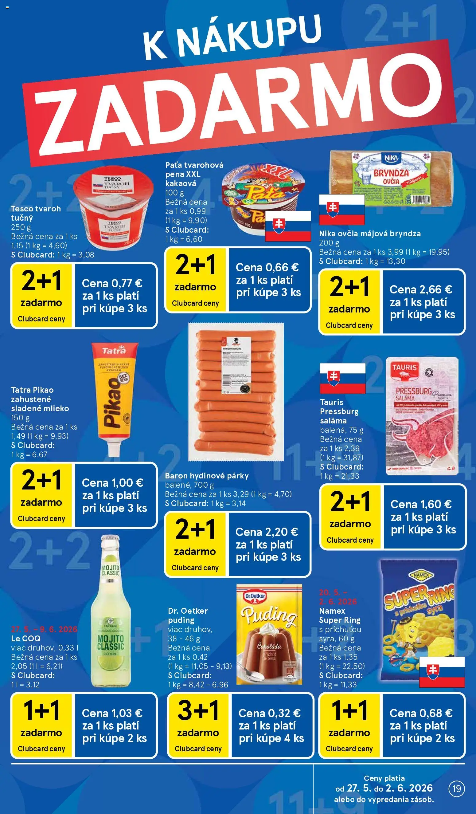 Nové Tesco akcie – leták je platný od 27.05.2026 | Strana: 19 | Produkty: Saláma, Bryndza, Tvaroh, Párky