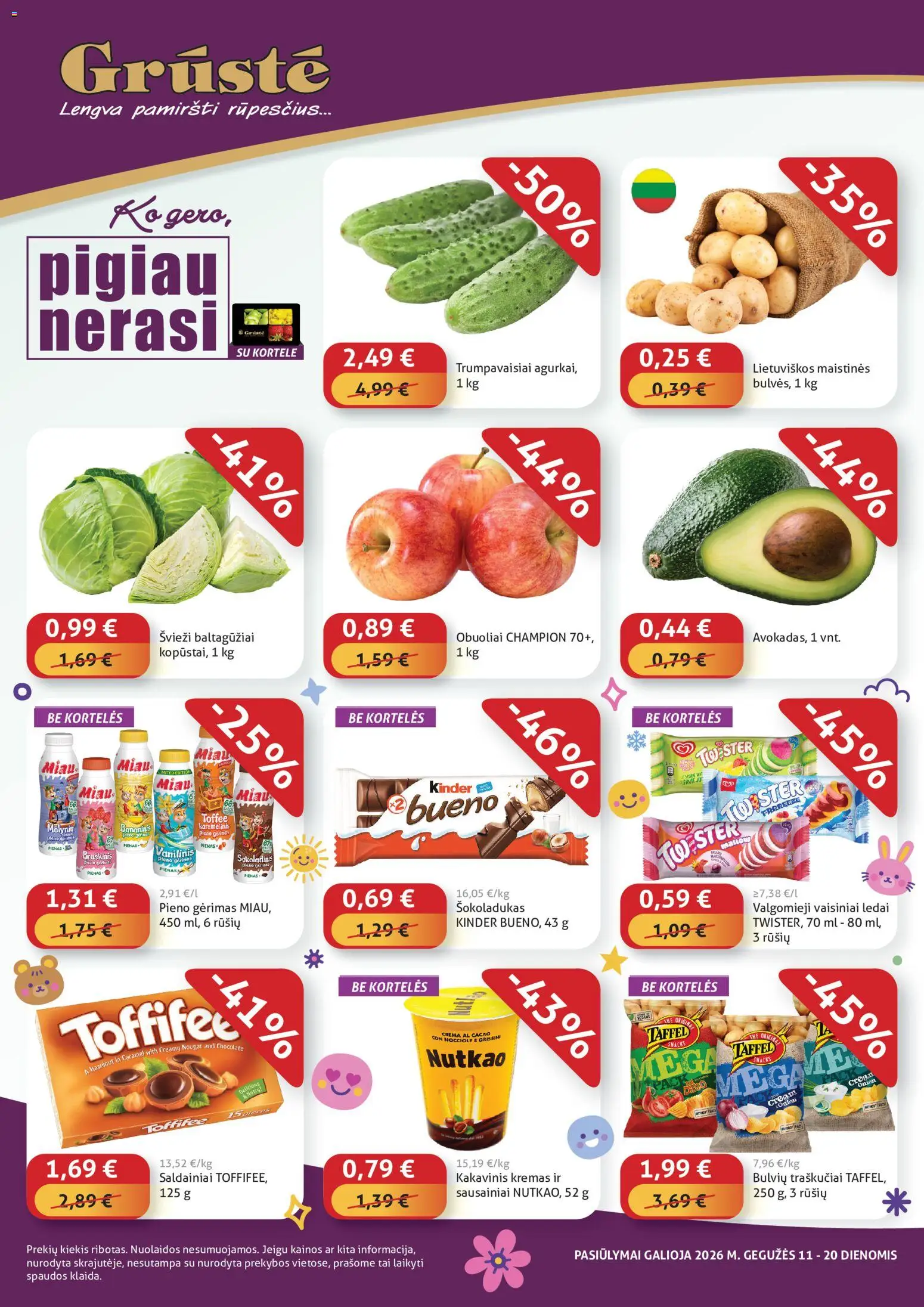 GRUSTE akcijos nuo 11.05.2026 | Puslapis: 1 | Prekių: Sausainiai, Kremas, Pienas, Traškučiai