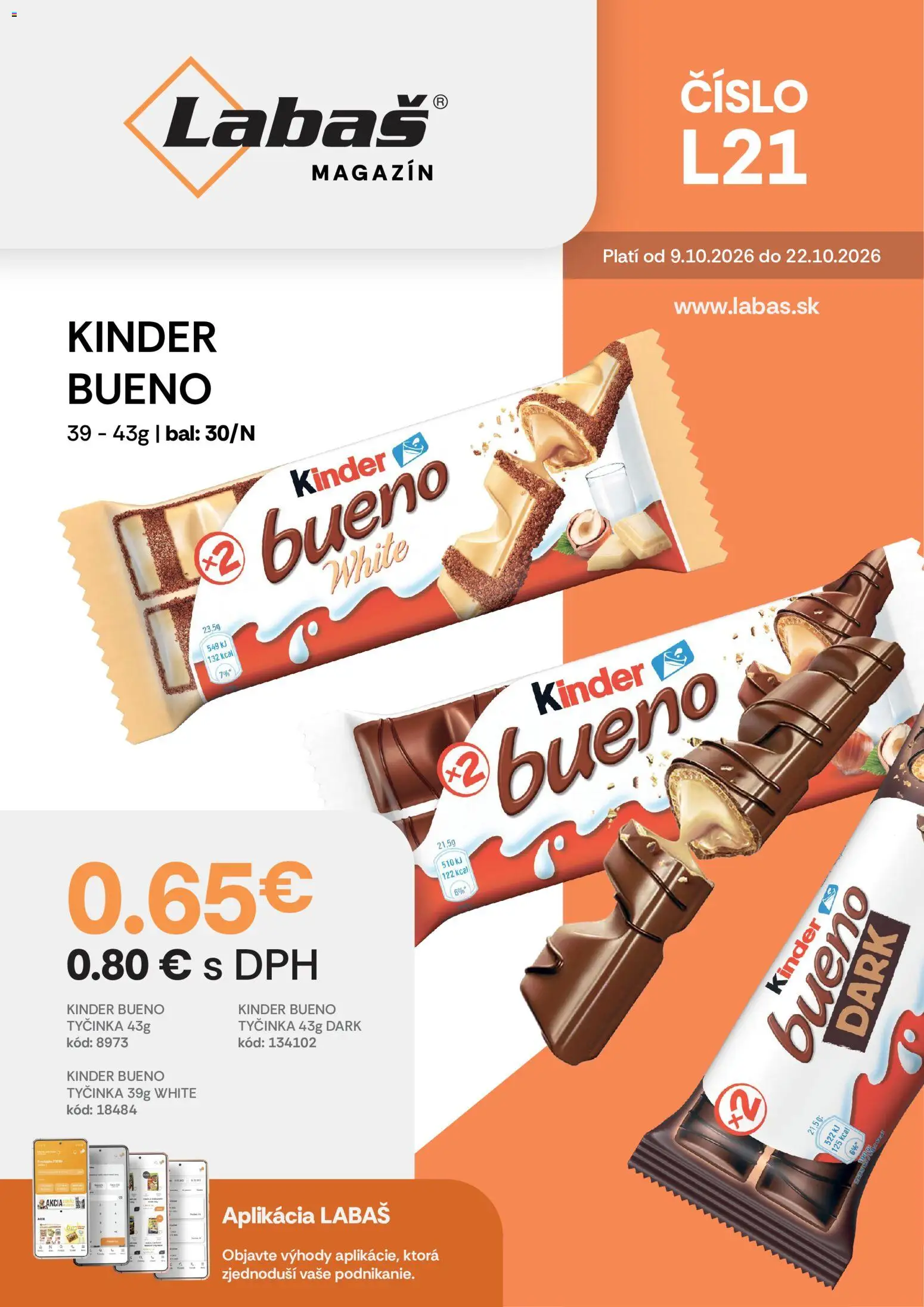 Nové Labaš akcie – leták je platný od 09.10.2026 | Strana: 1 | Produkty: Kinder, Kinder Bueno