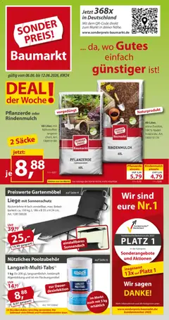 Sonderpreis Baumarkt Prospekt ab 06.06.2026 gültig | Seite: 1 | Produkte: Rindenmulch, Pflanzerde, Liege, Gartenmöbel