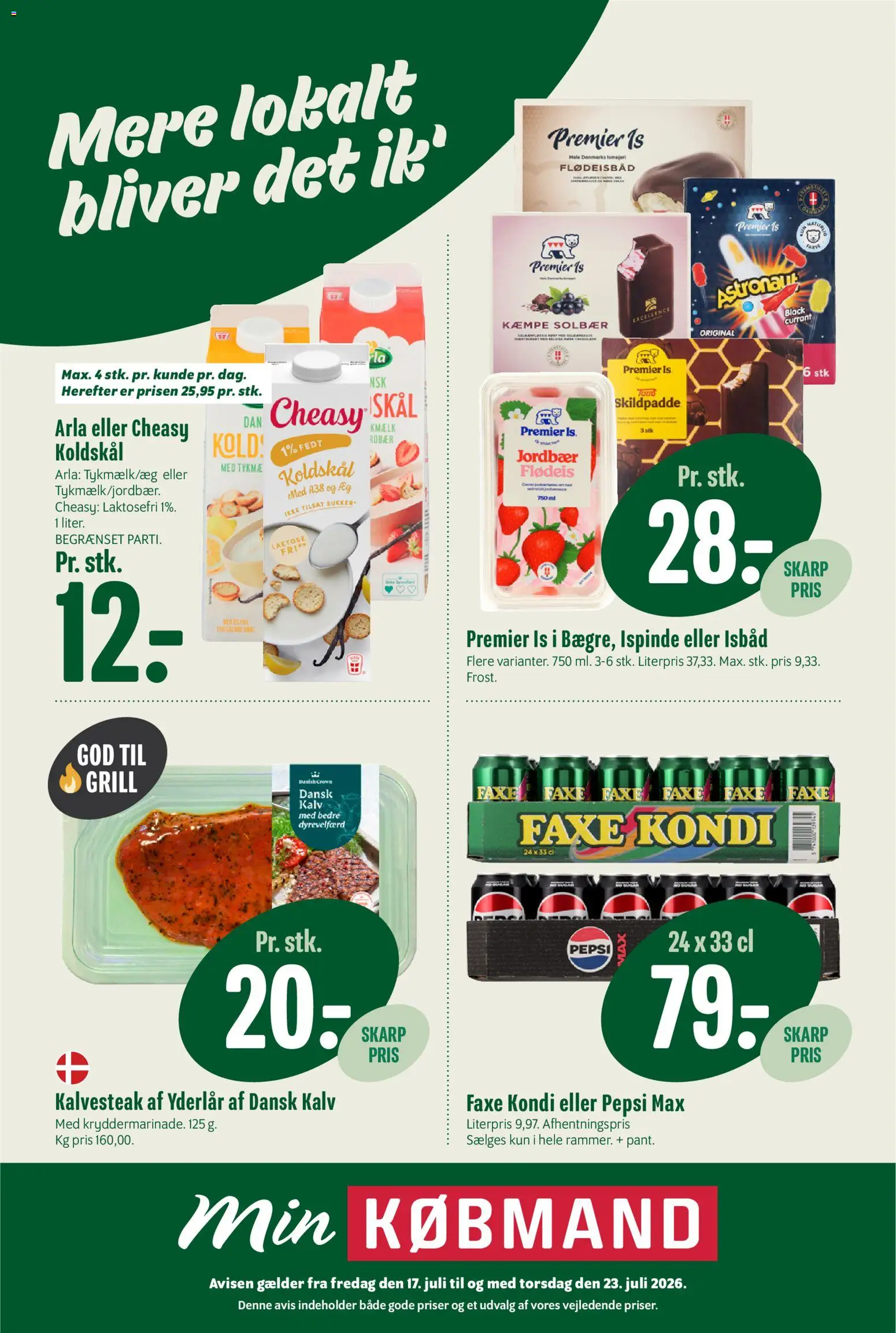 Min Købmand tilbudsavis – gyldig fra 17/07/2026 | Side: 1 | Produkter: Koldskål, Is, Faxe Kondi, Pepsi Max