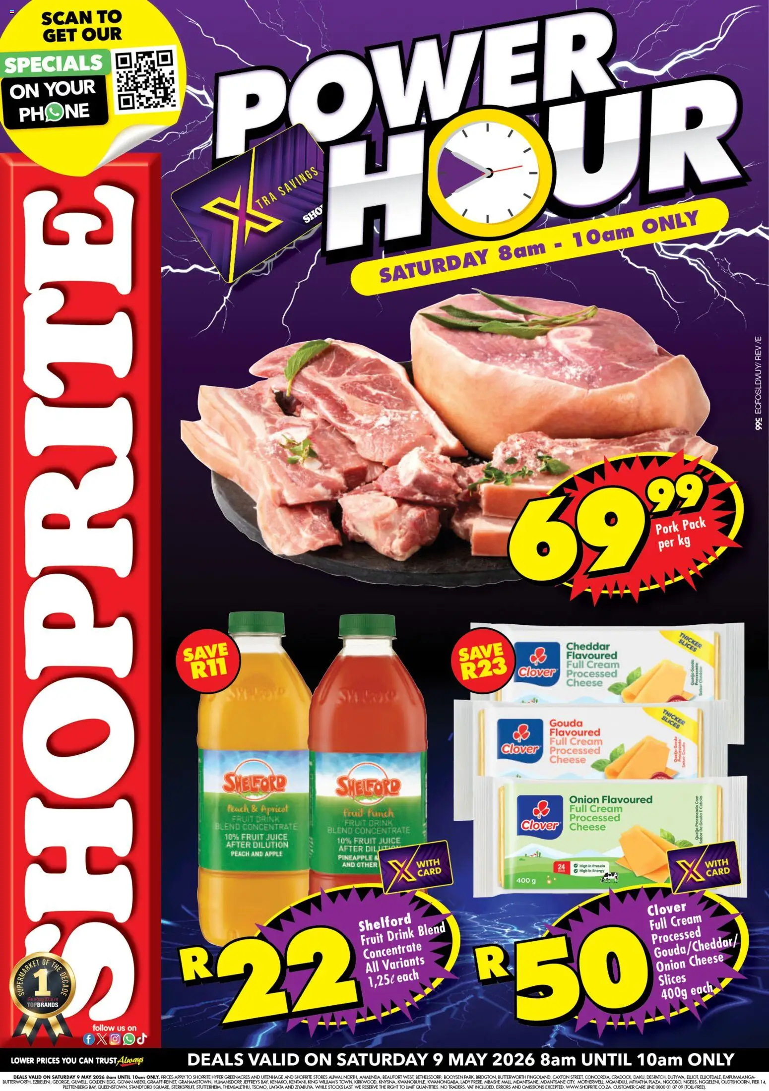 New Shoprite catalogue – valid from 09.05.2026 | Page: 1 | Products: Phone, Detergente líquido, Pork, Peach