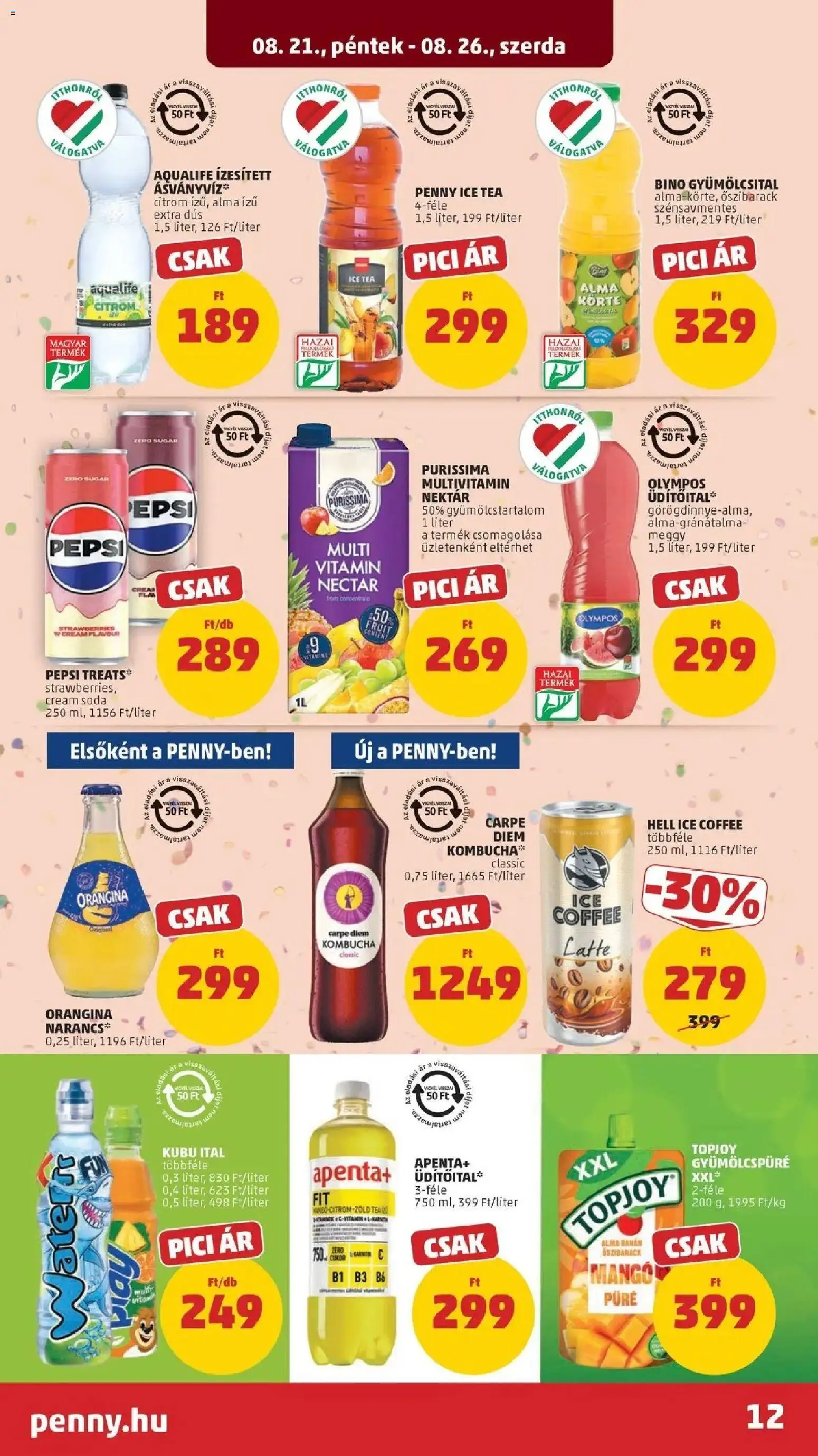 PENNY aktuális akciós újság: 2026.08.21.-tól lapozható | Oldal: 12 | Termékek: Apenta, Ice tea, Mangó püré, Tea