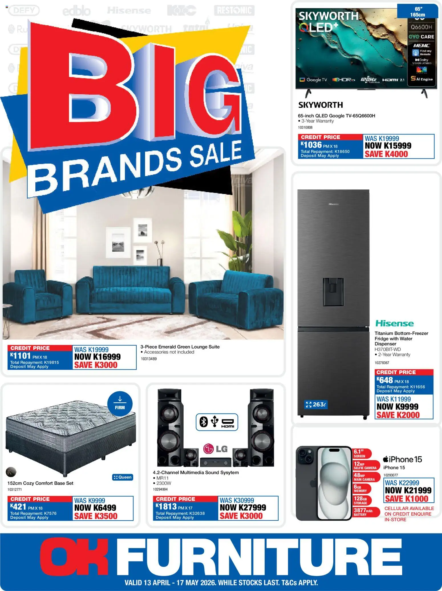 New OK Furniture catalogue – valid from 13.04.2026 | Page: 1 | Products: Camera, TV, Lounge suite, Water