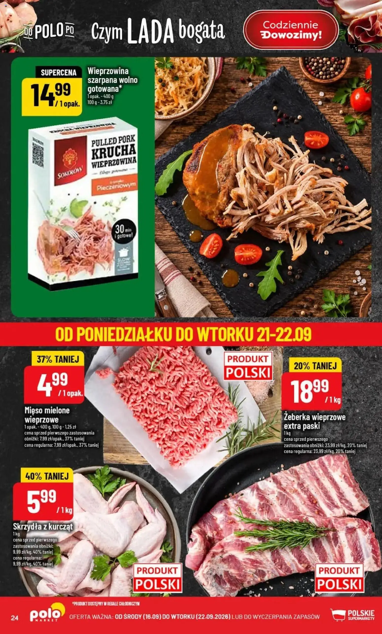 Nowa POLOmarket gazetka od jutra 16.09.2026 | Strona: 24 | Produkty: Żeberka, Żeberka wieprzowe, Mięso, Wieprzowina