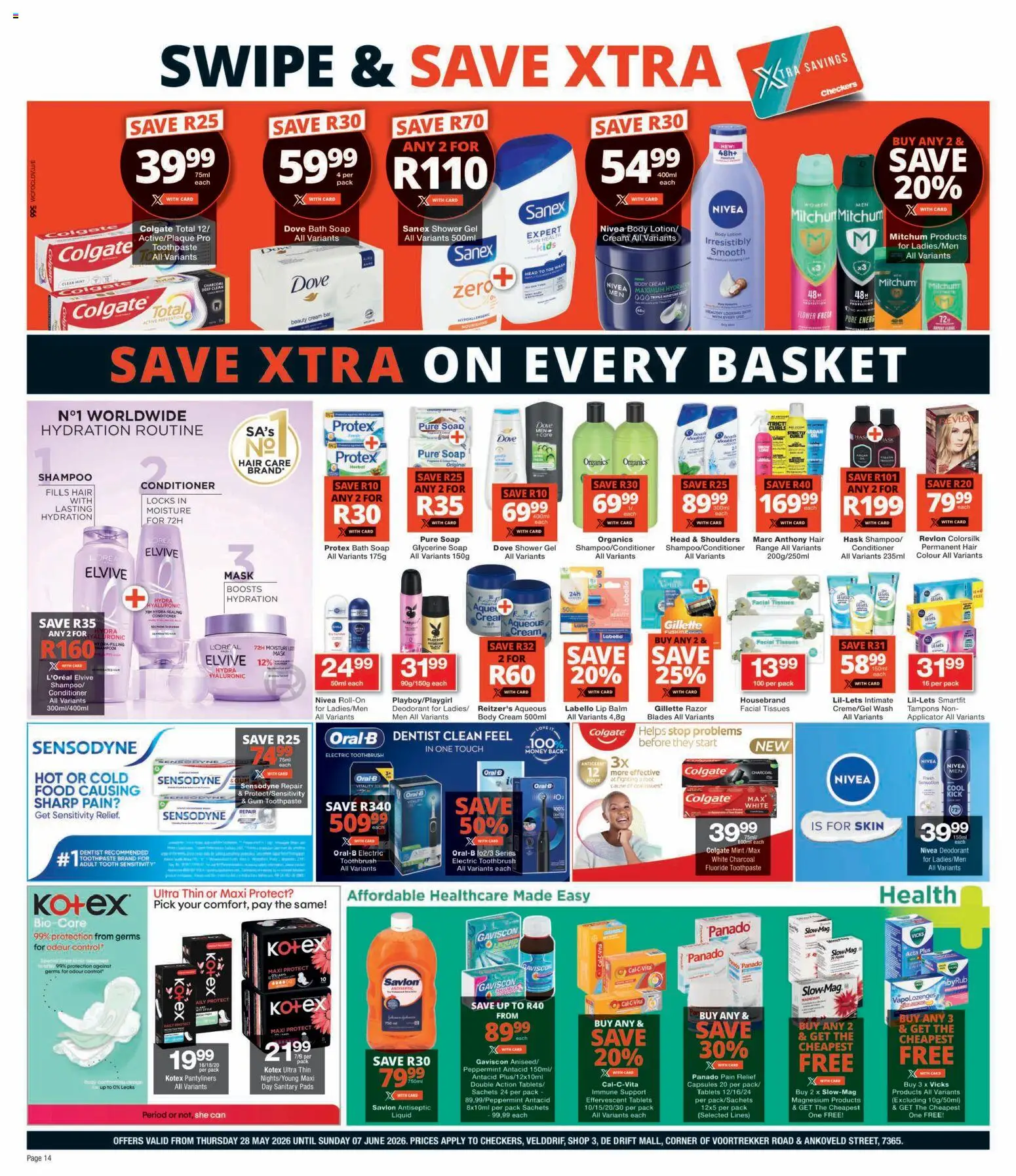 New Checkers catalogue – valid from 28.05.2026 | Page: 14 | Products: Electric toothbrush, Mask, Toothbrush, Lotion