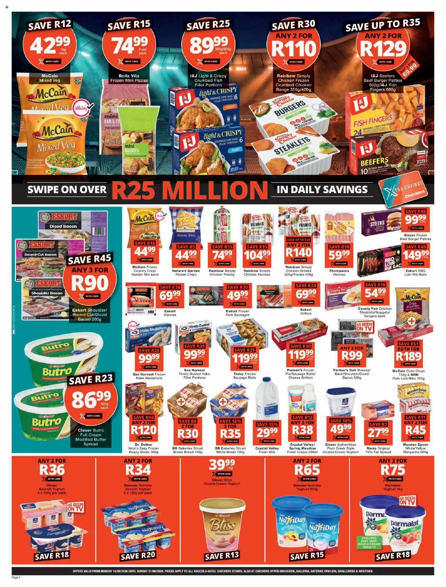 New Checkers catalogue – valid from 15.06.2026 | Page: 4 | Products: Yoghurt, Bread, Pork, Chips