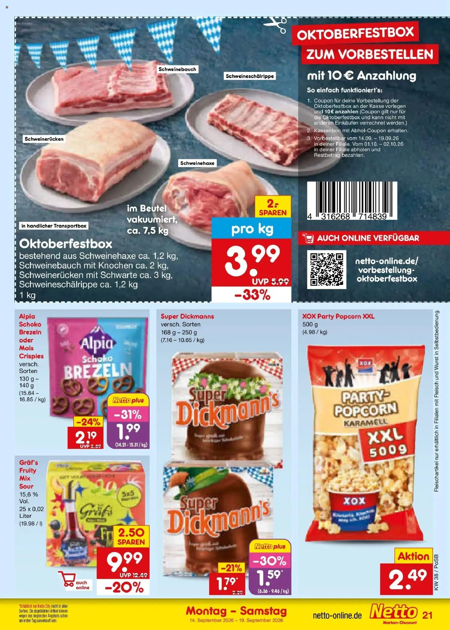 Netto Marken-Discount Prospekt Amberg – gültig ab 14.09.2026 | Seite: 31 | Produkte: Mais, Schweinebauch, Schweinerucken, Popcorn