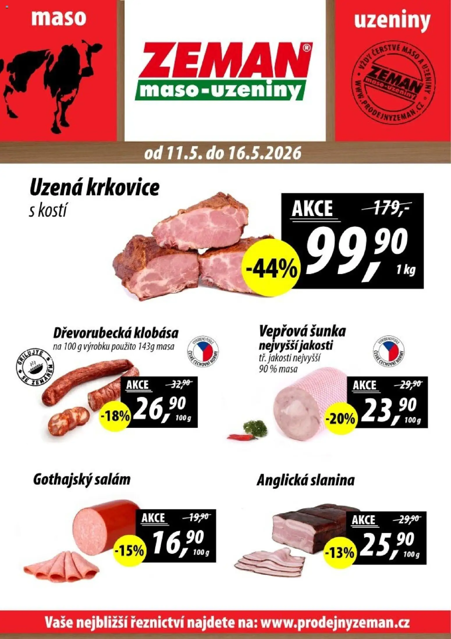 Prodejny Zeman leták od 11.05.2026 | Strana: 1 | Produkty: Šunka, Uzeniny, Slanina, Uzená krkovice