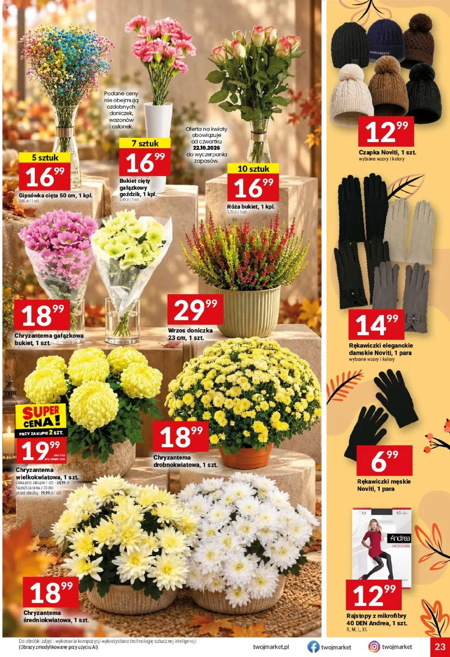 Twój Market gazetka od 21.10.2026 | Strona: 23 | Produkty: Rękawiczki, Rajstopy, Wrzos, Doniczka
