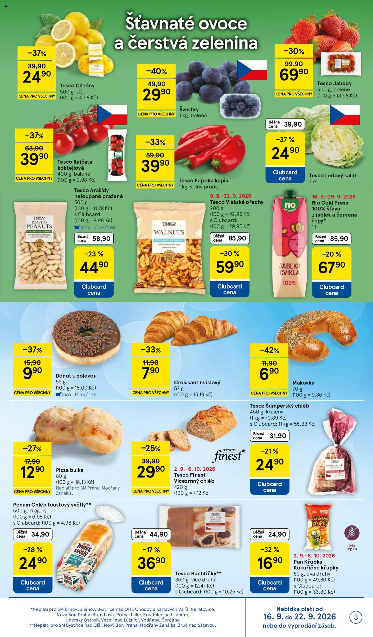 Tesco leták - Supermarket od 16.09.2026 | Strana: 3 | Produkty: Donut, Pizza, Zelenina, Vlašské ořechy