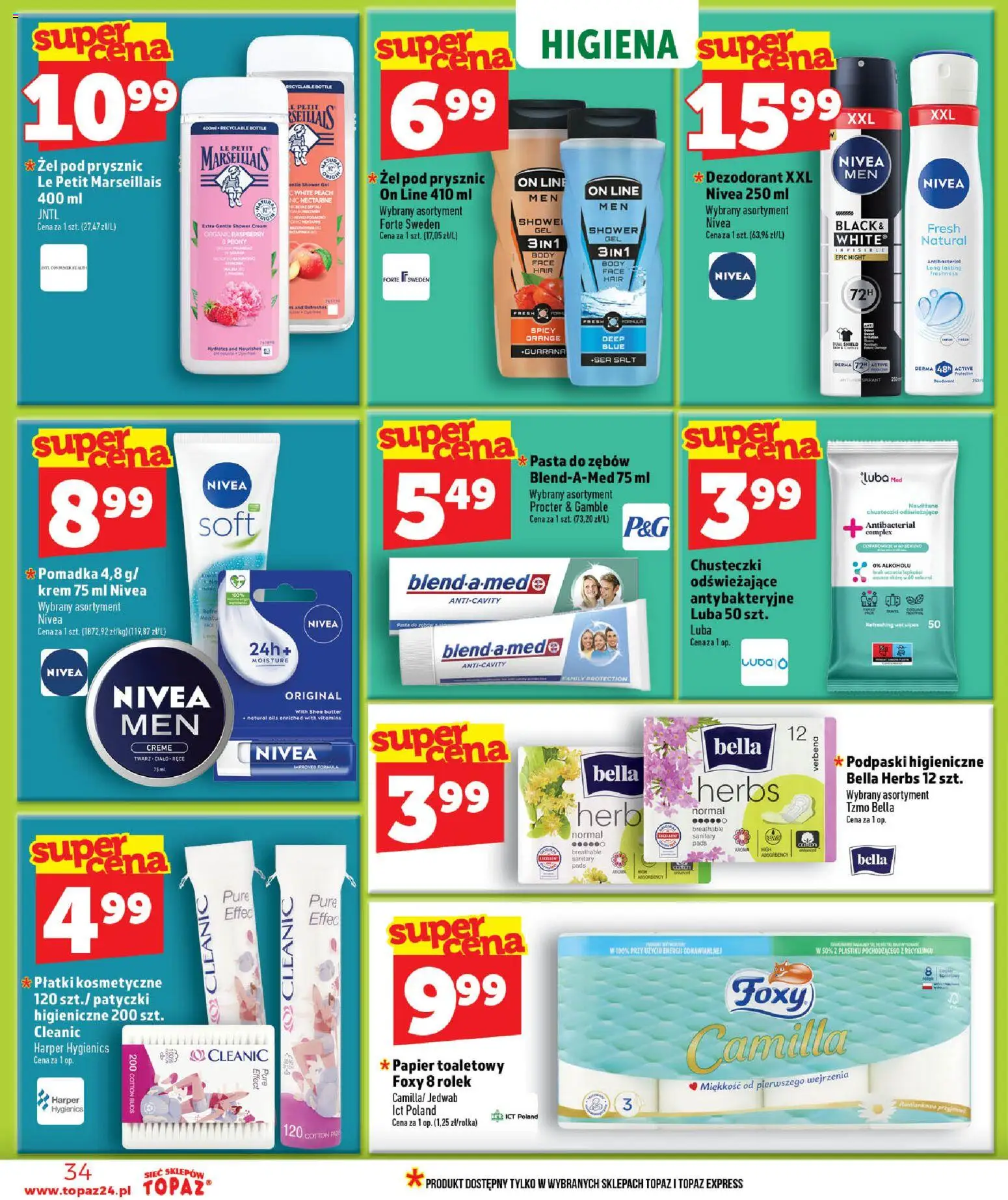 Topaz gazetka od 16.07.2026 | Strona: 34 | Produkty: Chusteczki, Płatki kosmetyczne, Żel pod prysznic, Krem
