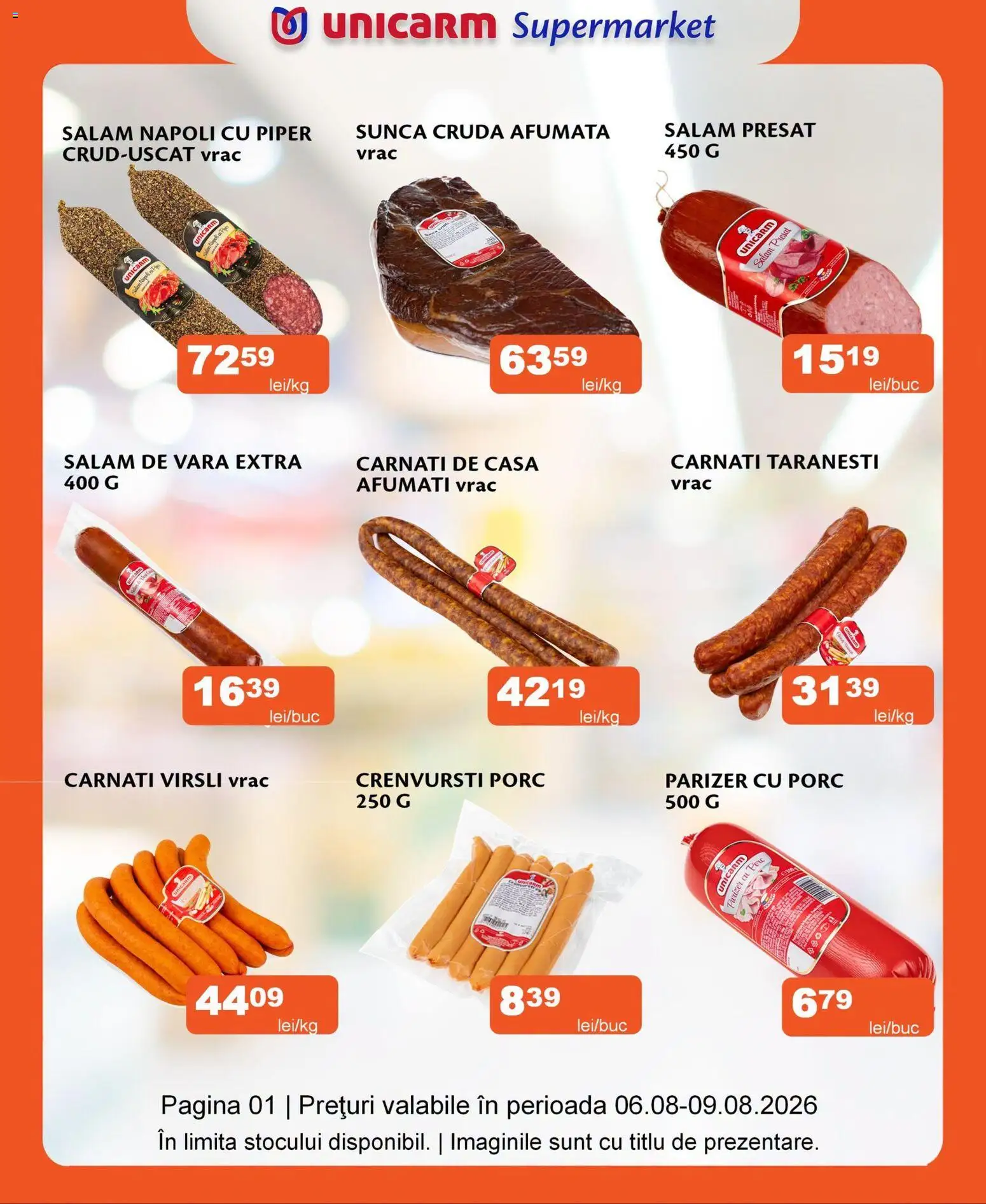 Noul catalog Unicarm – valabil de la 06.08.2026 | Pagină: 1 | Produse: Crenvurști, Salam, Șuncă, Piper