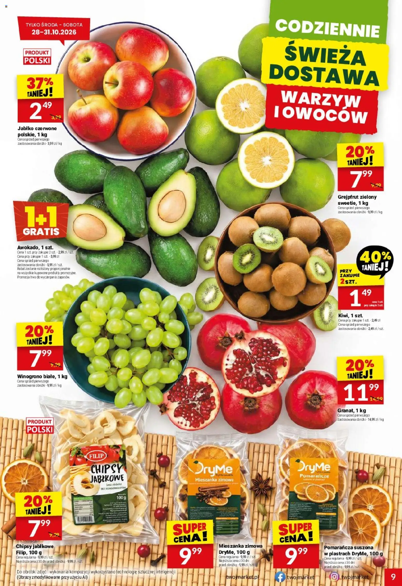 Twój Market gazetka od 28.10.2026 | Strona: 9 | Produkty: Winogrono, Pomarańcze, Chipsy jabłkowe, Grejpfrut