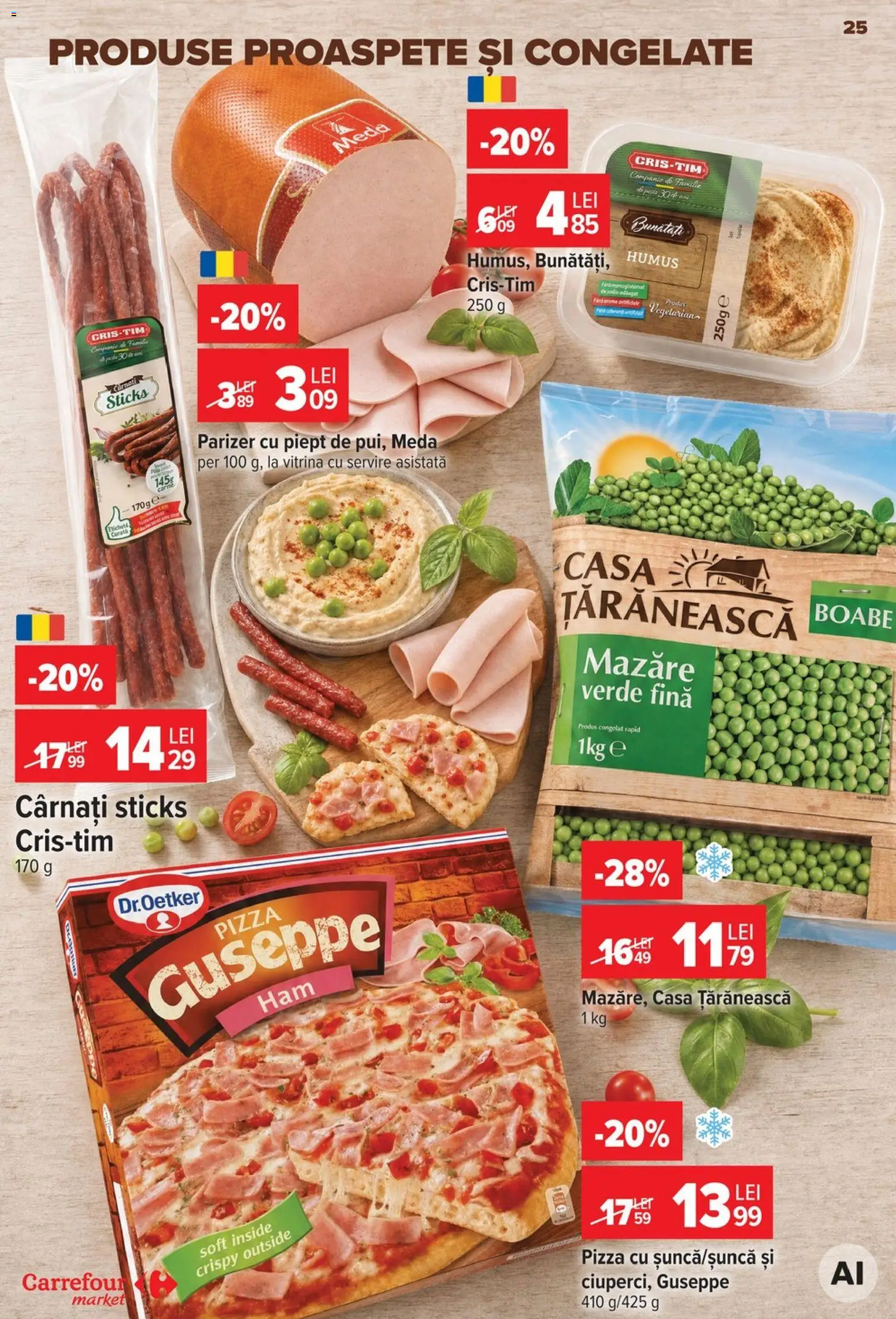 Noul catalog Carrefour – valabil de la 30.09.2026 | Pagină: 25 | Produse: Mazăre, Pizza, Humus, Cârnați