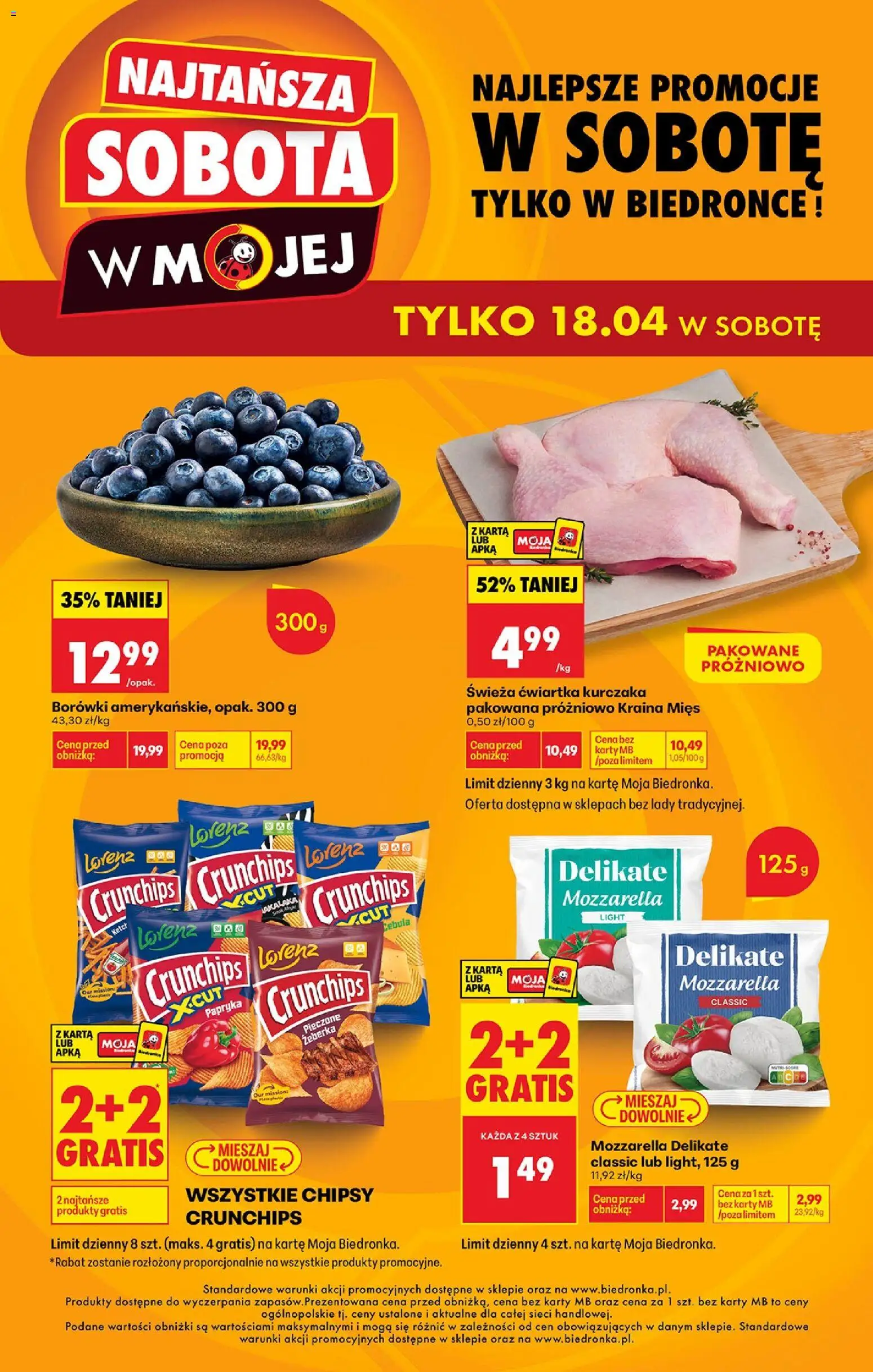 Biedronka Polsko leták - Najtańsza sobota od 18.04.2026 | Strana: 1 | Produkty: Chipsy, Karty, Mozzarella