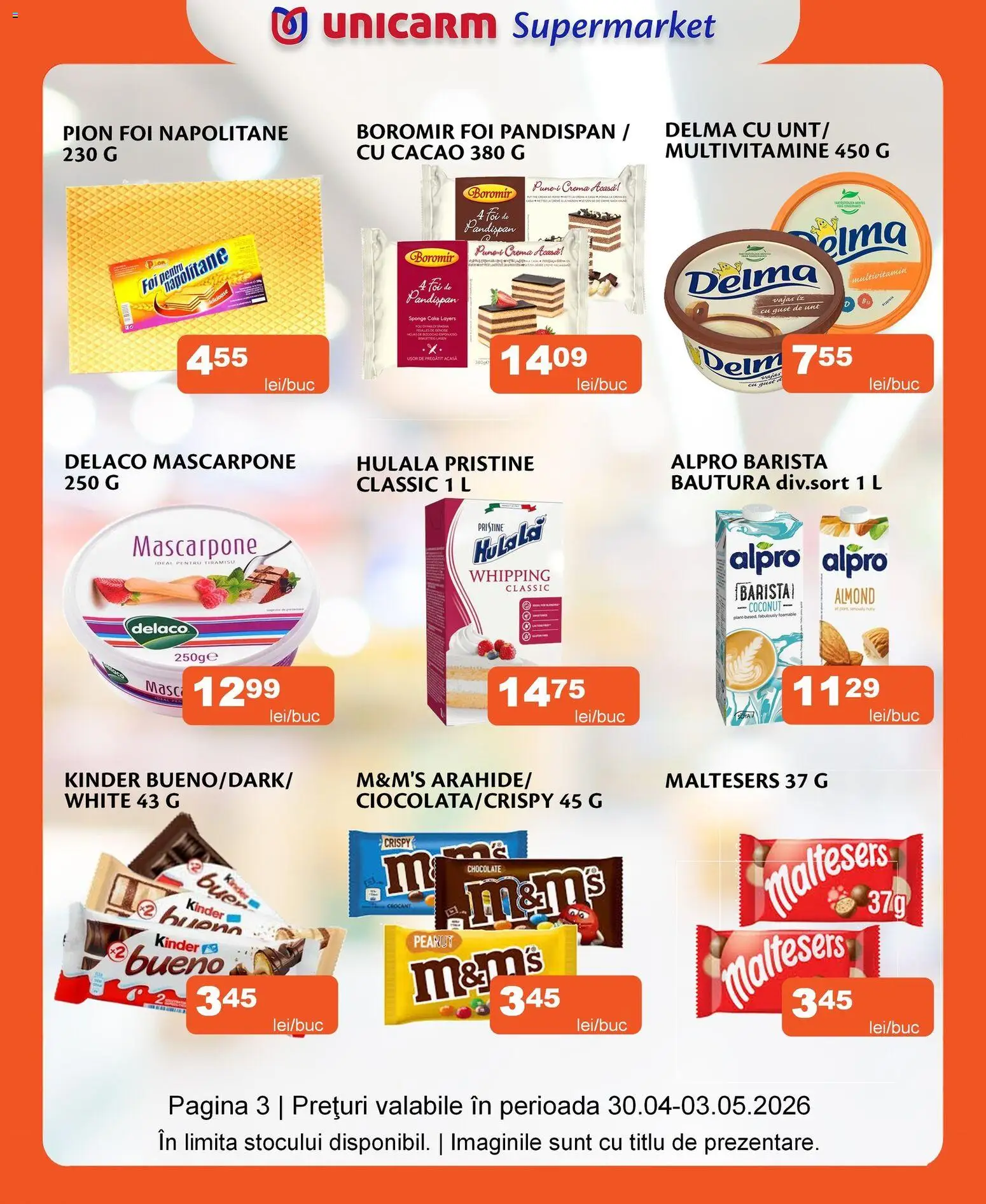 Noul catalog Unicarm – valabil de la 30.04.2026 | Pagină: 3 | Produse: Light Kedi Konservesi, Napolitane, Cacao, Mascarpone