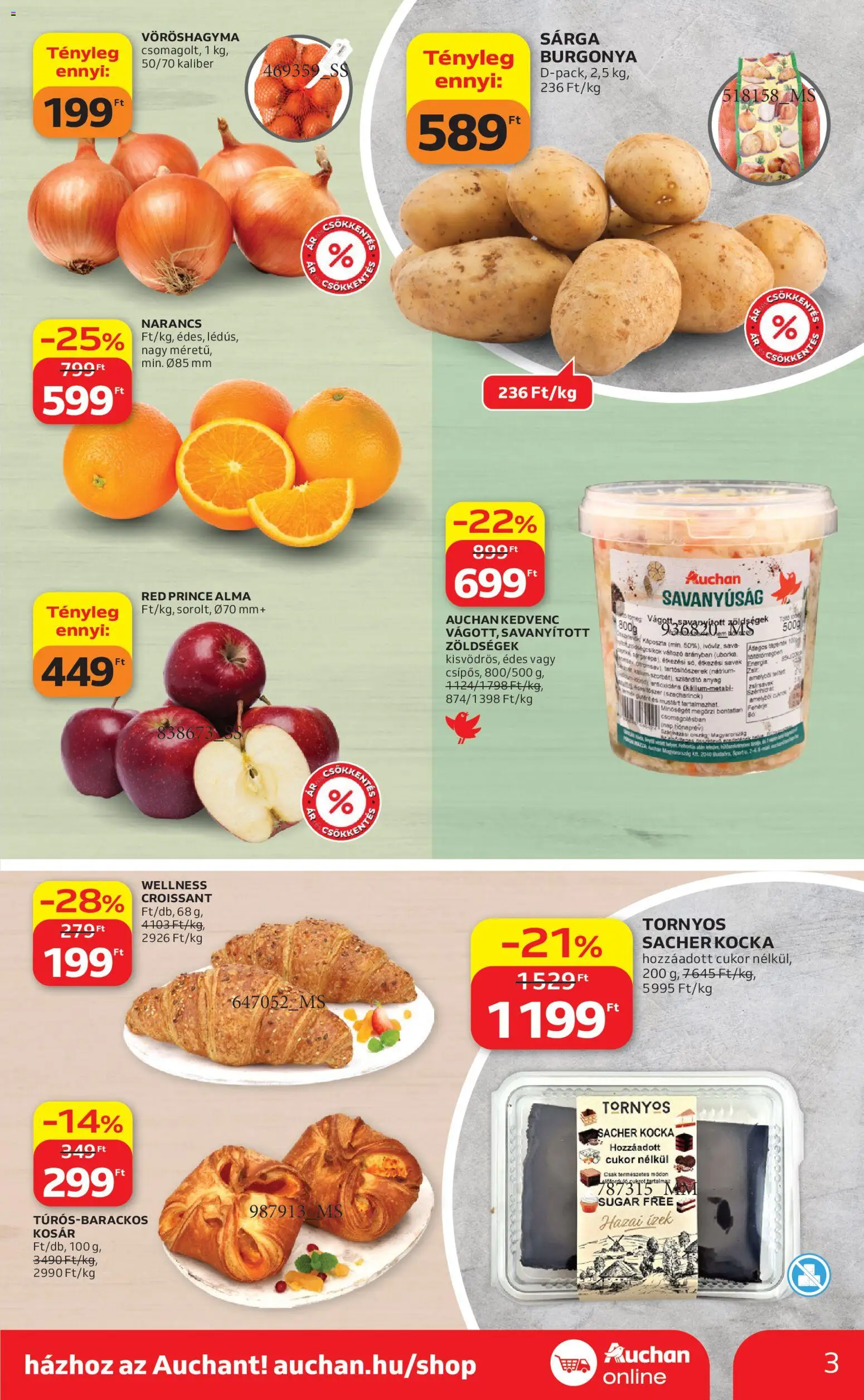 Auchan akciós ujság - amely érvényes a következő dátumtól: 16.04.2026 | Oldal: 3 | Termékek: Káposzta, Croissant, Kosár, Narancs