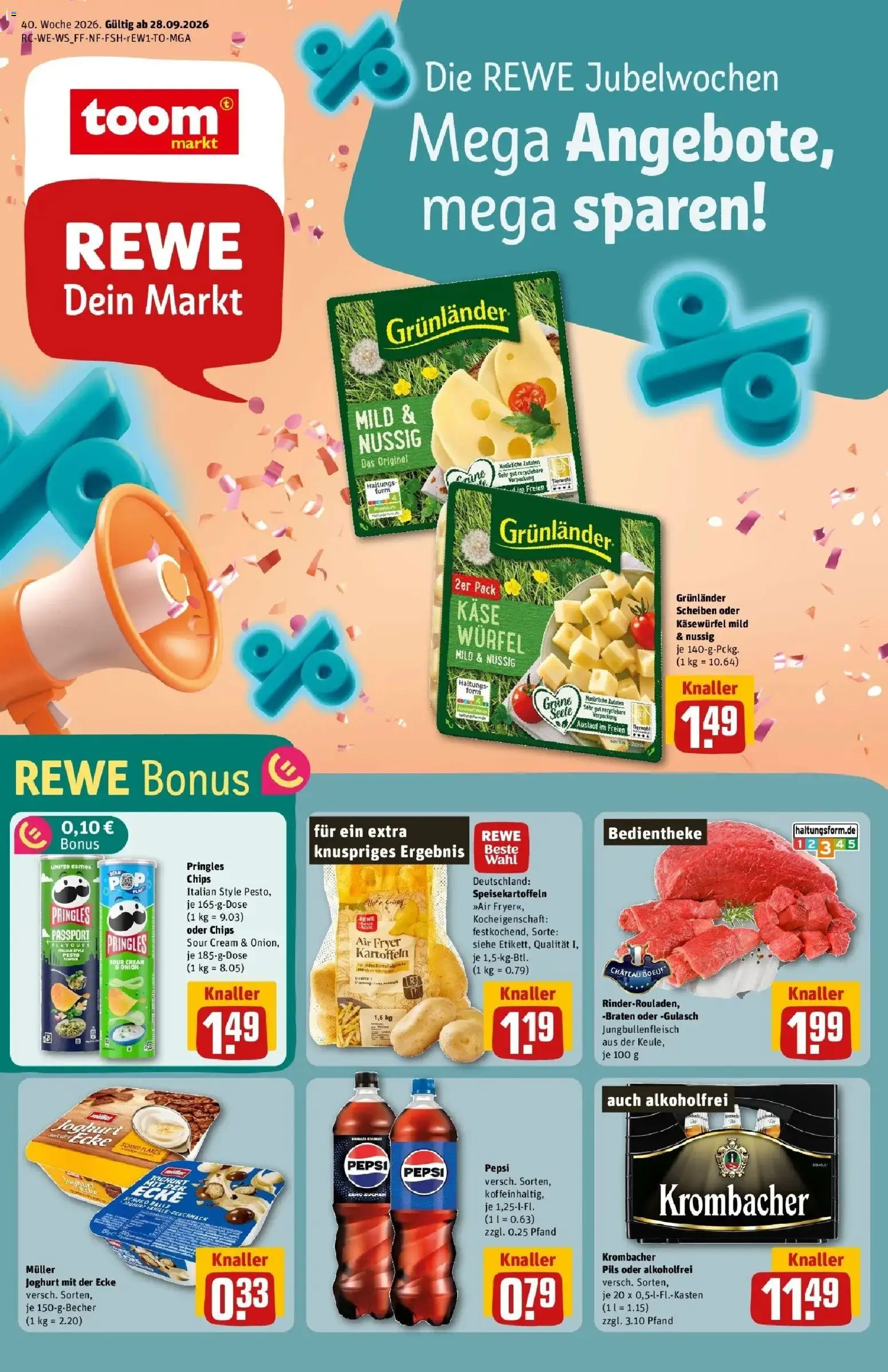 REWE Prospekt ab 28.09.2026 zum Blättern » Angebote | Seite: 1 | Produkte: Pils, Vanille, Krombacher, Pepsi