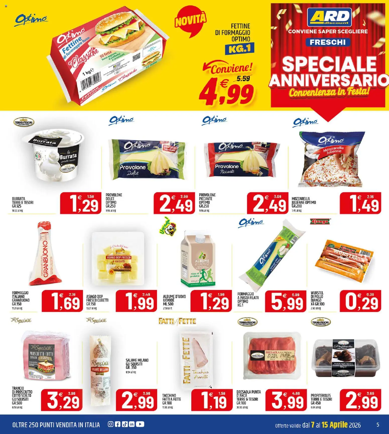 Volantino ARD Discount del 07.04.2026 | Pagina: 5 | Prodotti: Provolone, Salame, Tacchino, Formaggio
