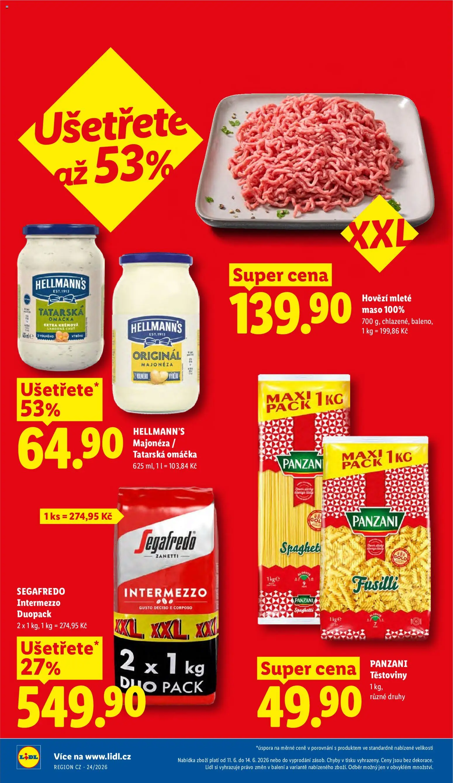 Lidl leták od 11.06.2026 | Strana: 6 | Produkty: Tatarská omáčka Hellmann's, Segafredo Intermezzo, Těstoviny, Hellmann's