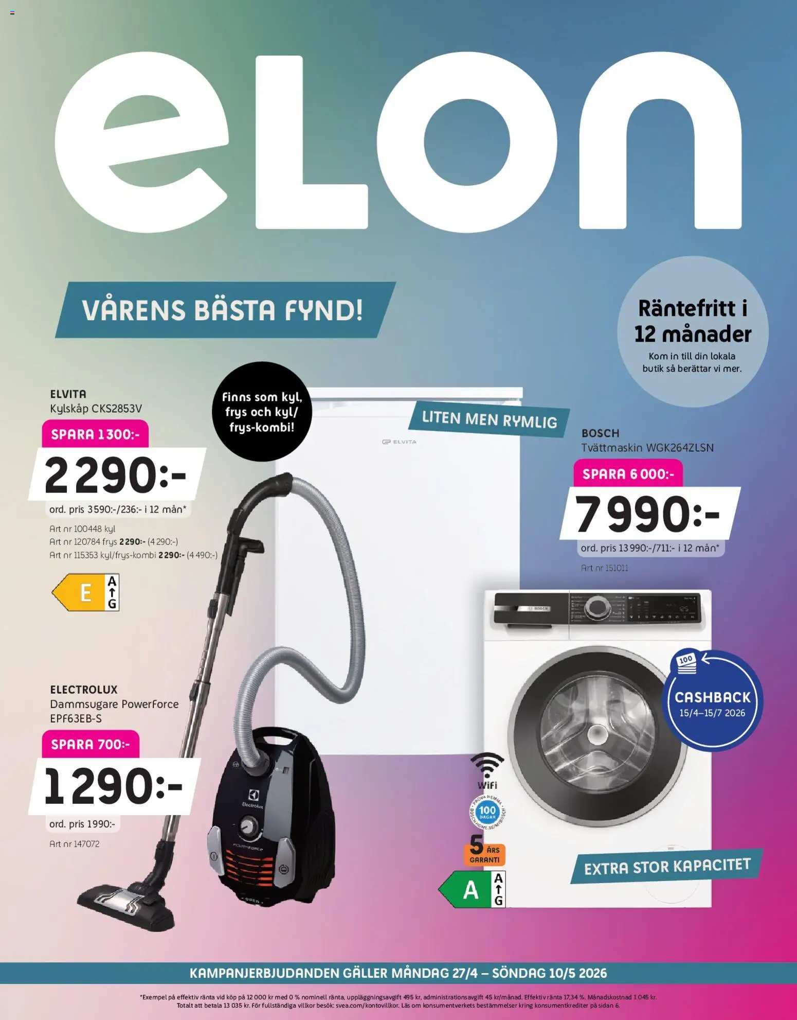 Elon reklamblad aktuell från 27.04.2026 | Sida: 1 | Produkter: Dammsugare, Galler, Kylskåp, Tvättmaskin