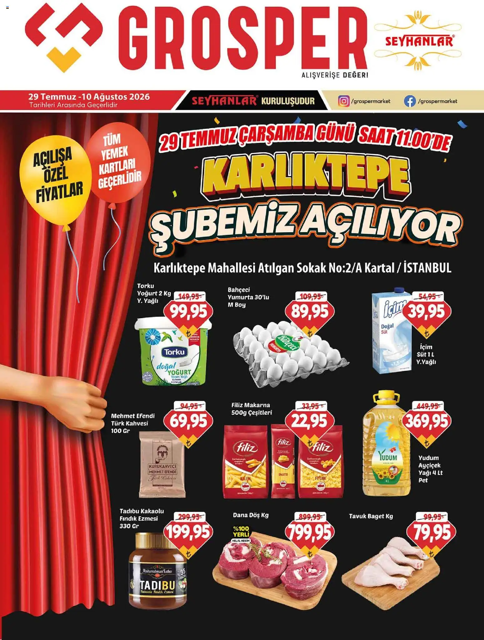 Grosper - Karlıktepe Şube Açılış İndirimleri - 29 Temmuz 2026 tarihinden itibaren geçerlidir | Sayfa: 1 | Ürünler: Süt, Yoğurt, Yumurta, Fındık