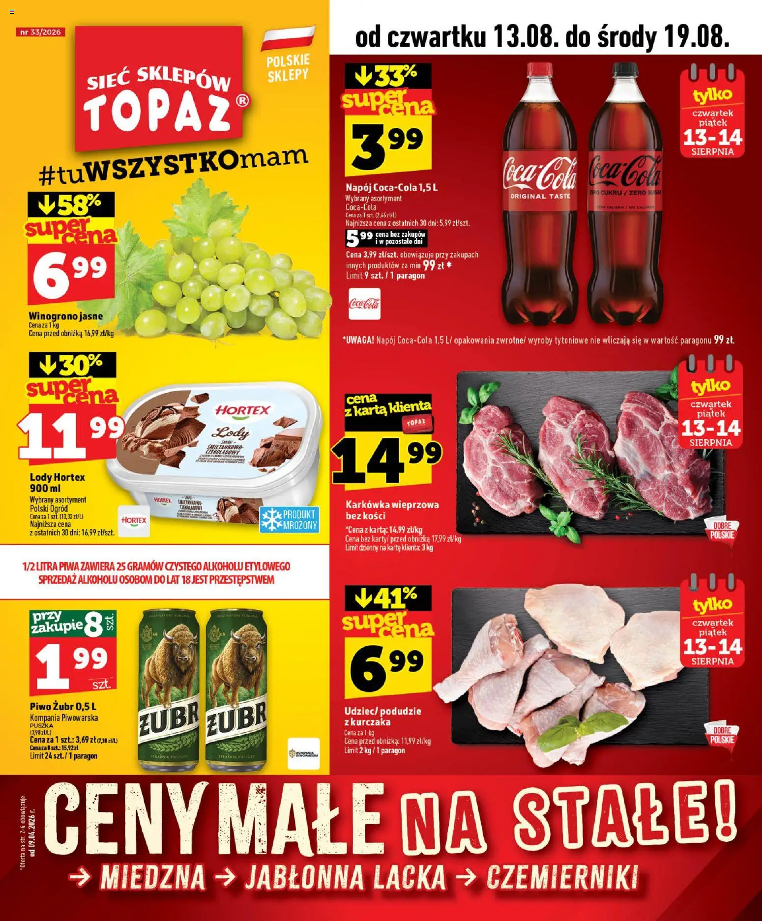 Topaz gazetka - MAZ od 13.08.2026 | Strona: 1 | Produkty: Piwo żubr, Karta, Karkówka wieprzowa, Lody