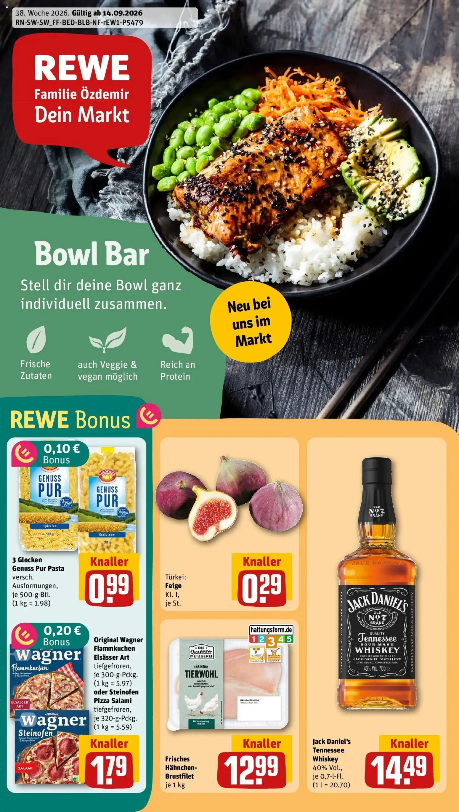 REWE Prospekt ab 14.09.2026 zum Blättern » Angebote | Seite: 1 | Produkte: Jack Daniel's, Pasta, Salami, Whiskey