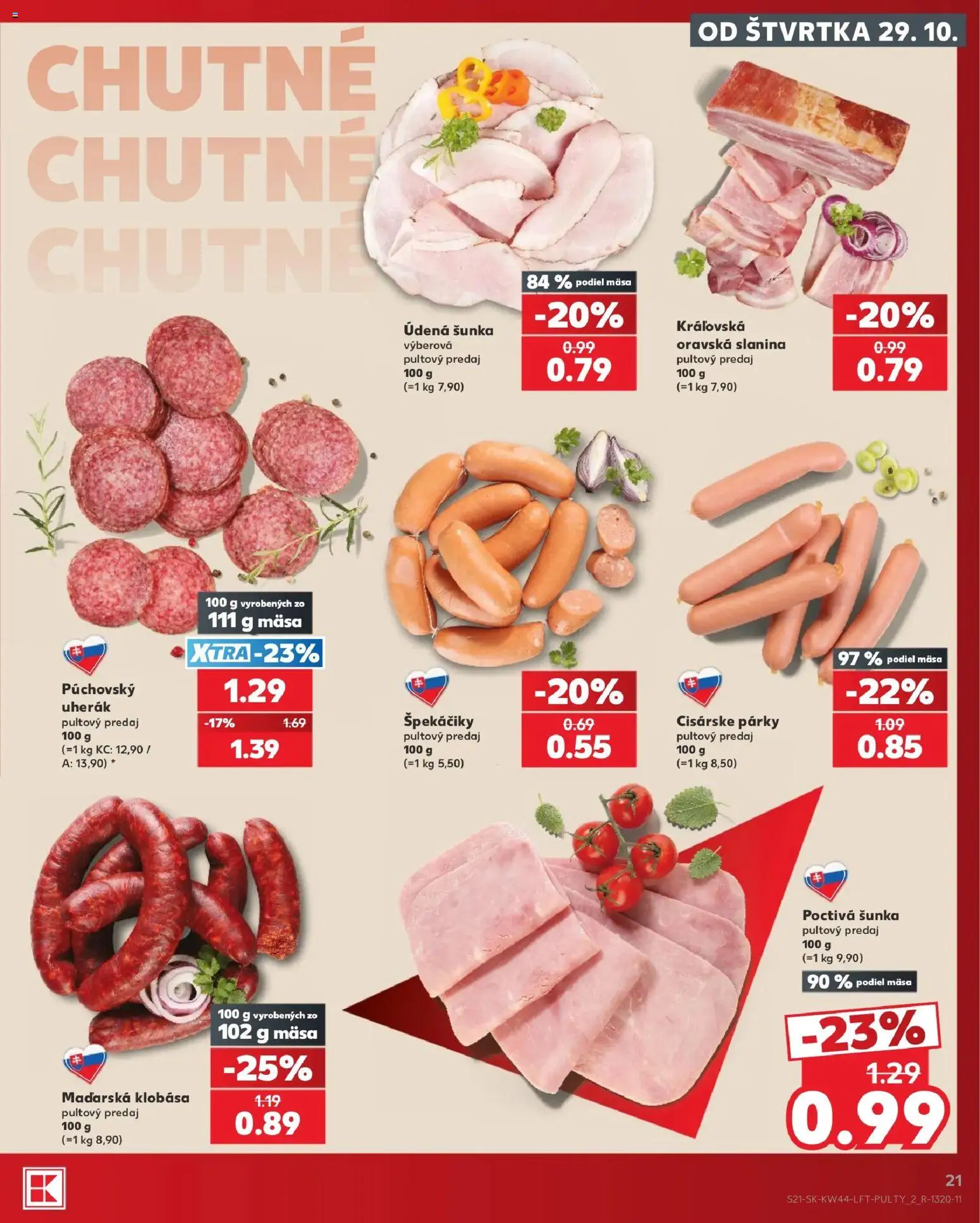Nové Kaufland akcie – leták je platný od 29.10.2026 | Strana: 21 | Produkty: Šunka, Slanina, Klobása, Špekáčiky