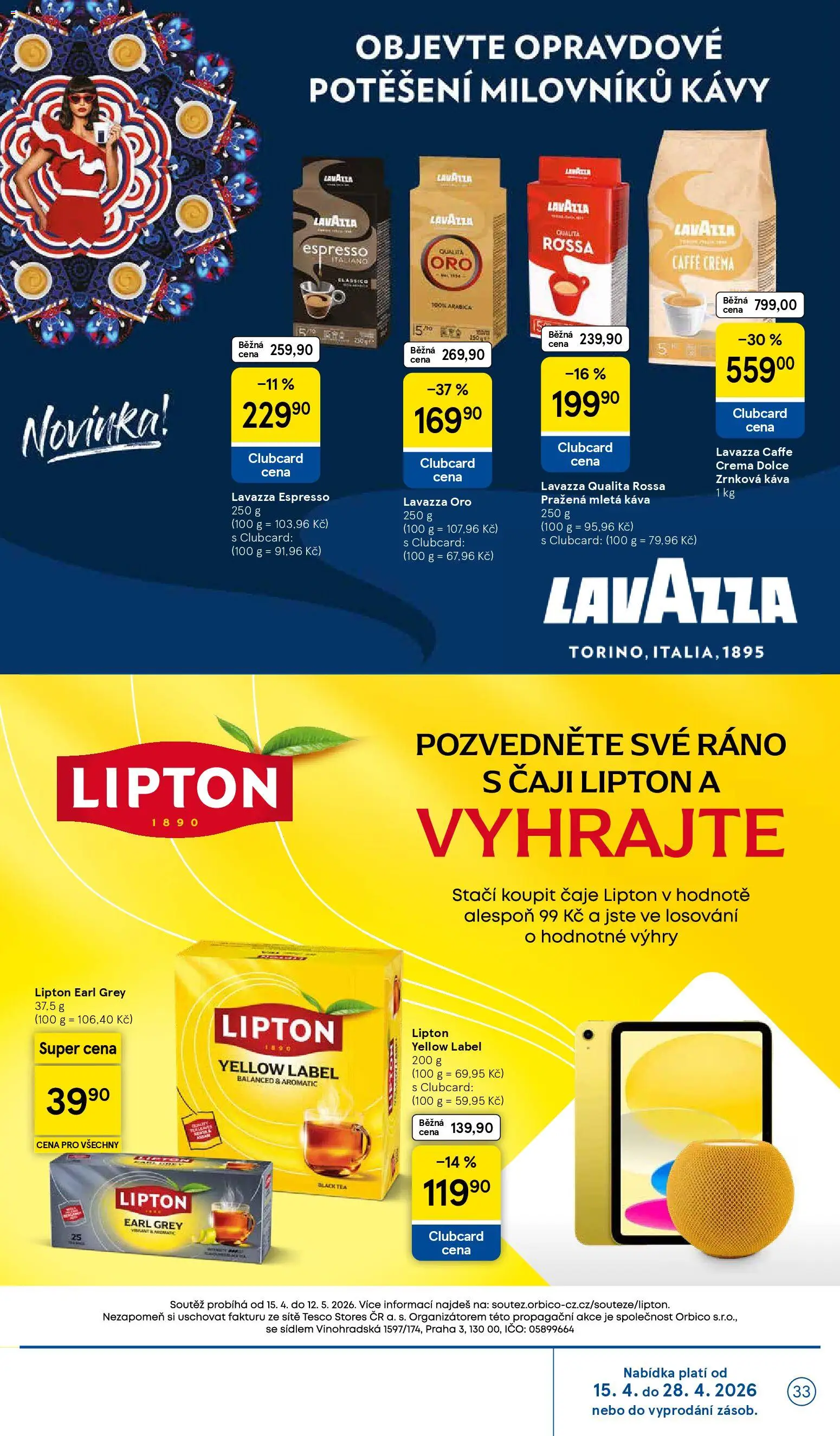 Tesco leták - Hypermarket od 15.04.2026 | Strana: 33 | Produkty: Káva Lavazza, Lavazza, Čaje, Caffè crema