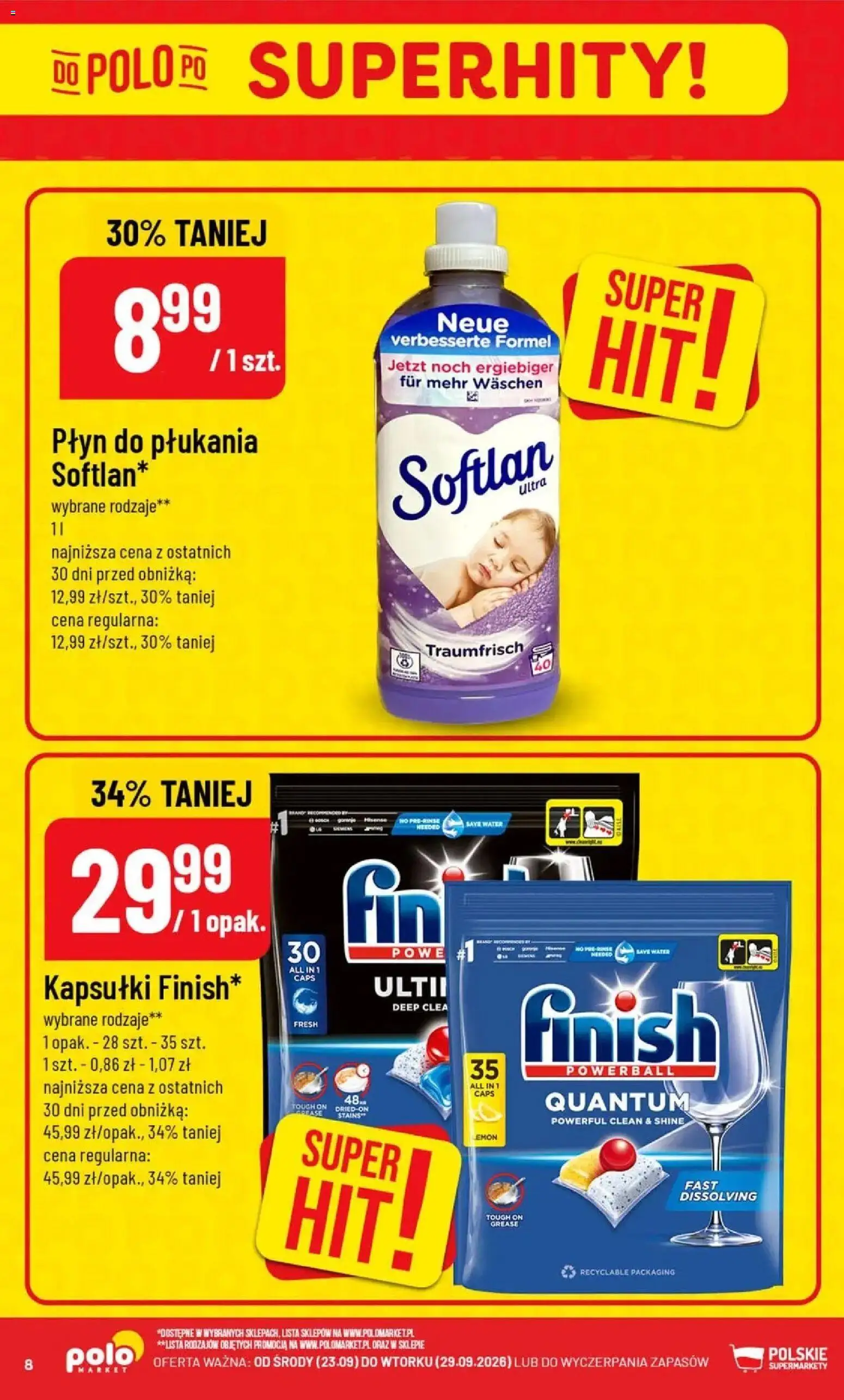 Nowa POLOmarket gazetka od jutra 23.09.2026 | Strona: 8 | Produkty: Płyn do płukania, Kapsułki, Finish