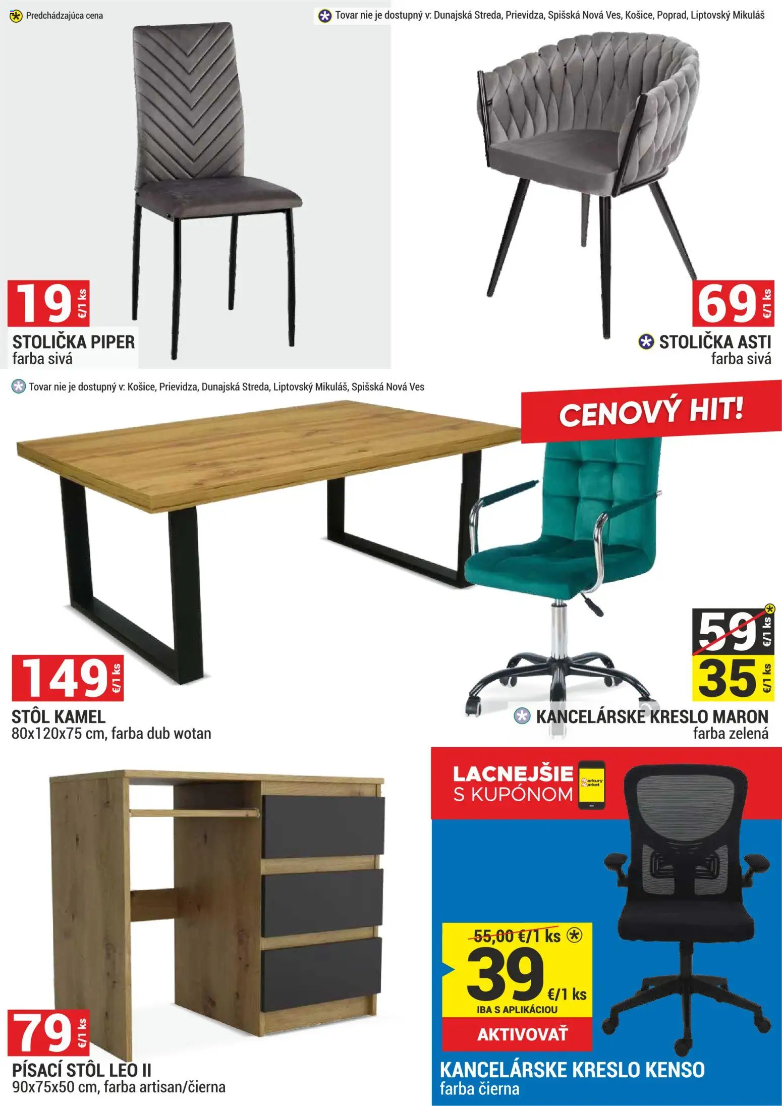 Nové Merkury Market akcie – leták je platný od 01.08.2026 | Strana: 6 | Produkty: Stôl, Písací stôl, Kancelárske kreslo