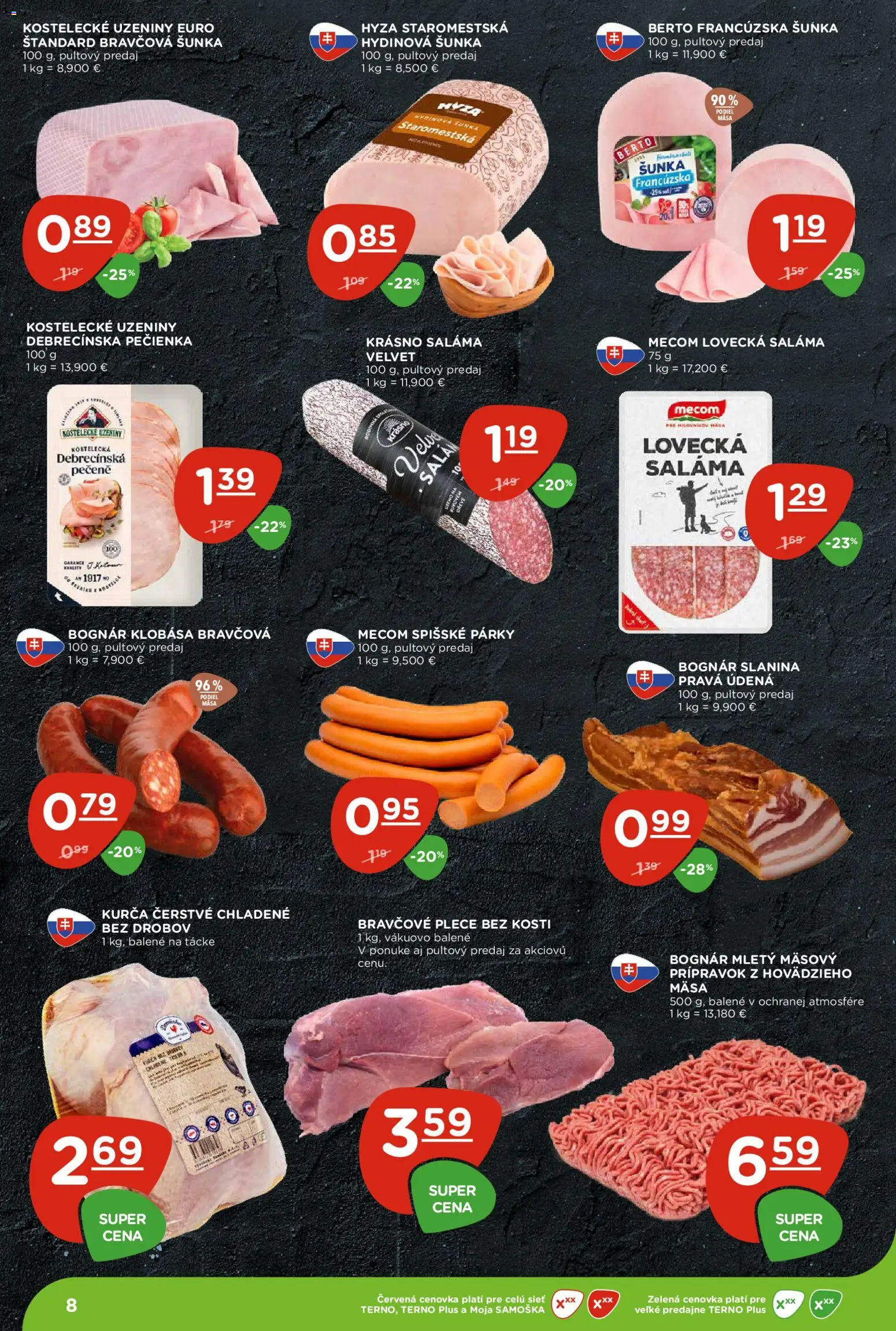 Nové Terno akcie – leták je platný od 11.06.2026 | Strana: 8 | Produkty: Saláma, Klobása, Párky, Kurča
